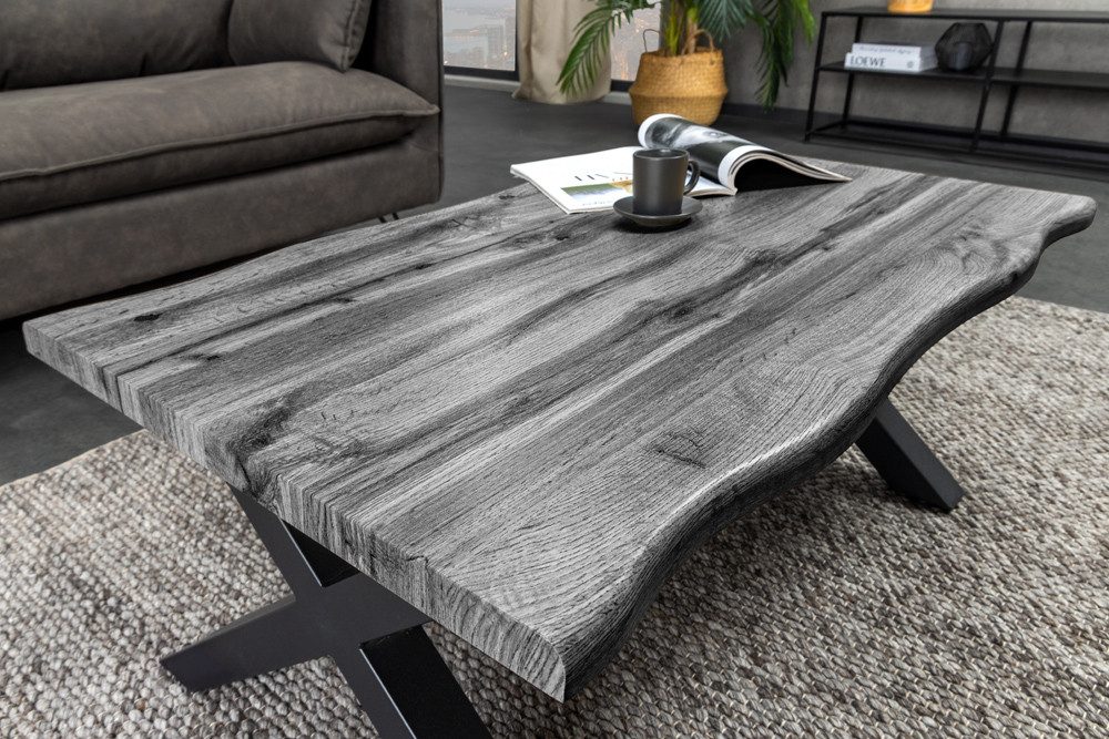 riess-ambiente Couchtisch WILD 90cm grau/schwarz - Wildeichen-Design, Baumkante, X-Gestell, FSC (Einzelartikel, 1-St), 3cm Tischplatte & Industrial Design - ideale Ergänzung zu Deiner Couch