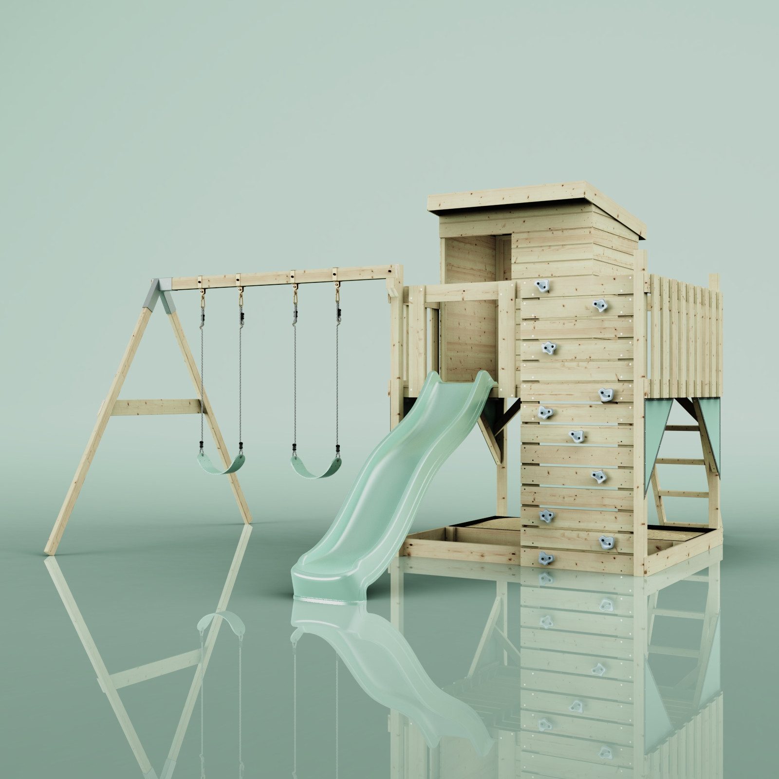 OutdoorToys Spielturm Björn, aus Holz in Mintgrün mit Kinderschaukel & Rutsche, Kletterwand