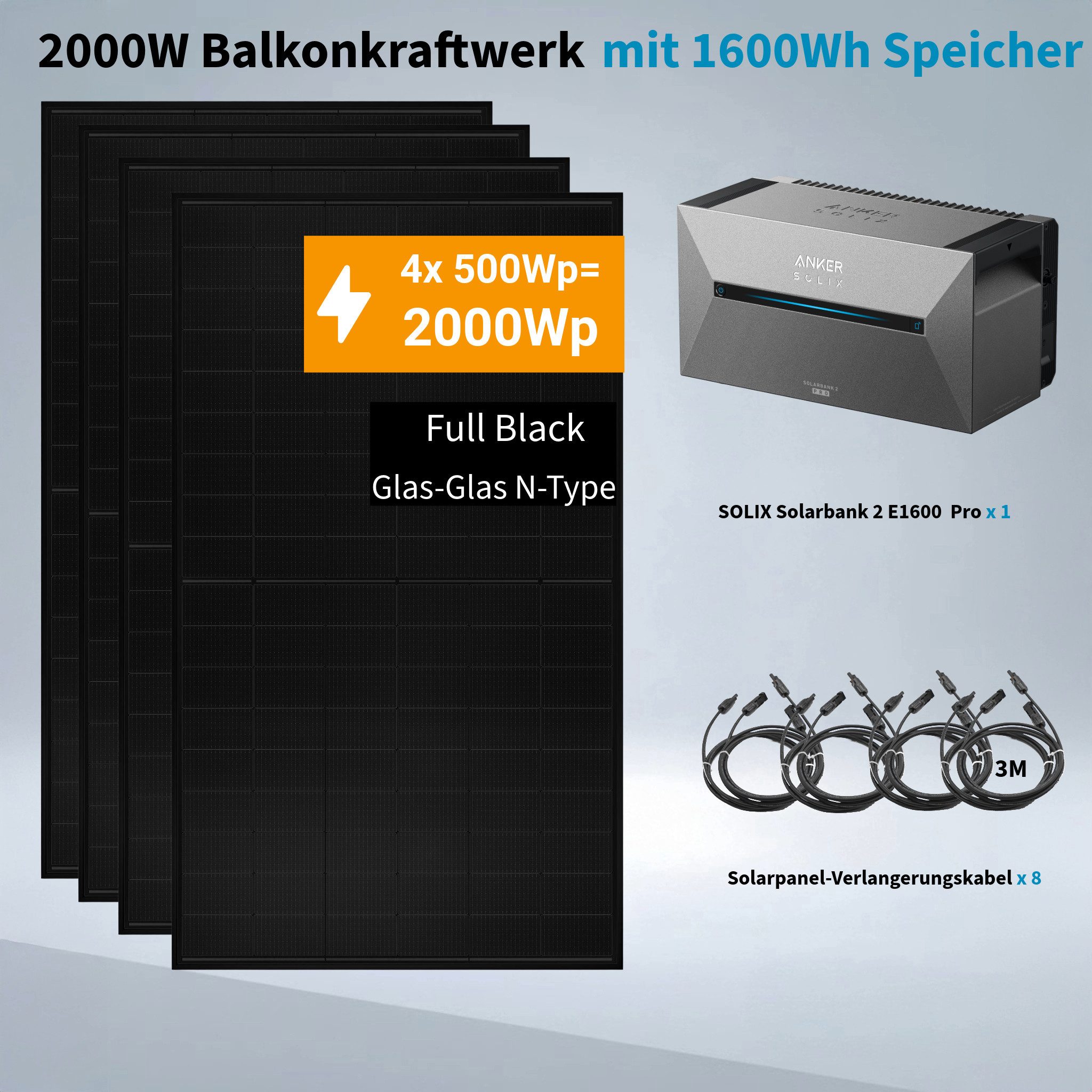 Anker Balkonkraftwerk Solix 2000W Photovoltaikanlage Komplettset mit Solarbank E1600 2 Pro, 800 W, (Set, 4-St., 4 × 500W Module+1 × Anker E1600 2 Pro +Ohne/mit Halterung), IP65, Plug und Play