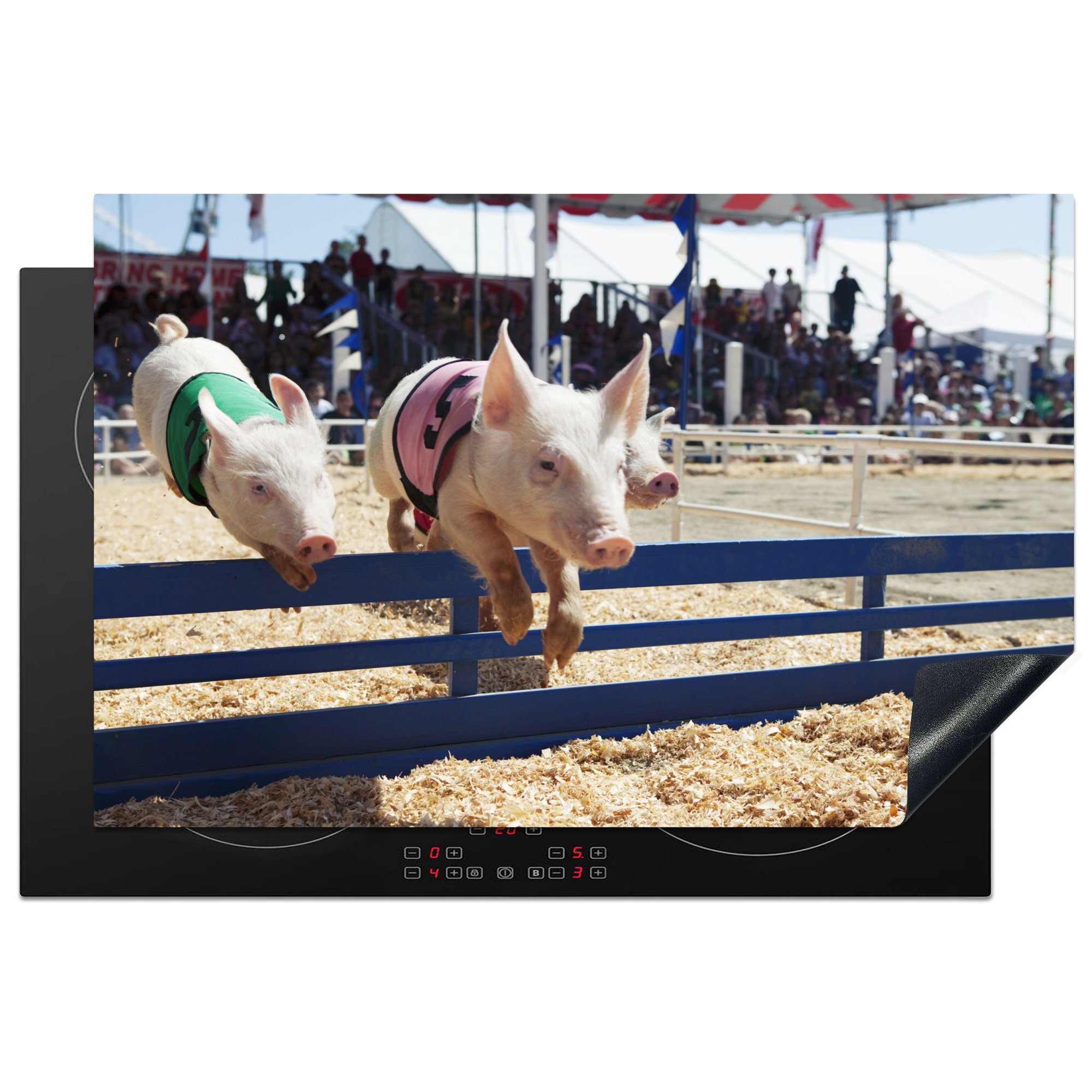MuchoWow Herdblende-/Abdeckplatte Schwein - Tiere - Zaun, Vinyl, (1 tlg), 81x52 cm, Induktionskochfeld Schutz für die küche, Ceranfeldabdeckung