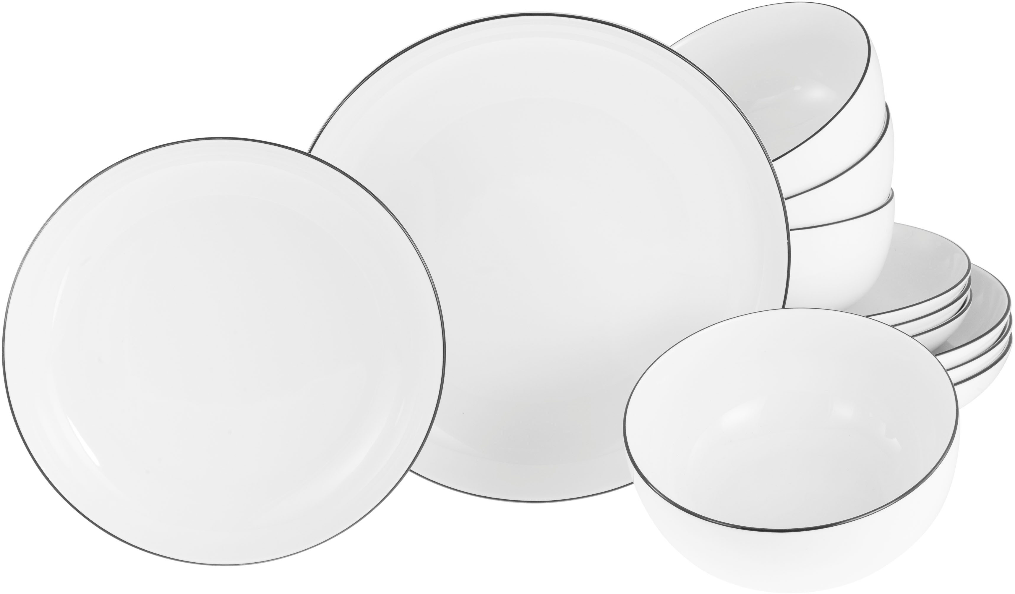 creaTable Teller-Set Allround Black Line, Tellerset 12-tlg (12-tlg), 4 Personen, Porzellan, Teller Set, Daily Use, Zeitlos
