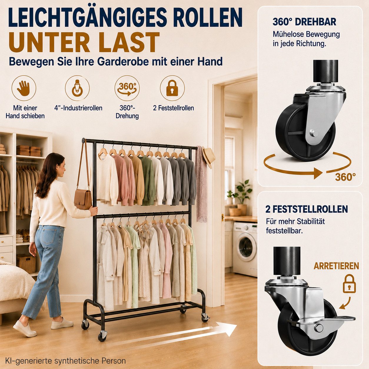 Yorbay Kleiderständer Schwerlast Garderobenständer auf Rollen,bis 210 kg Belastbar, (110/150*48*198cm), 110–150 cm verstellbar, 198 cm hoch, Doppel-Kleiderstang – Bild 4 von 5