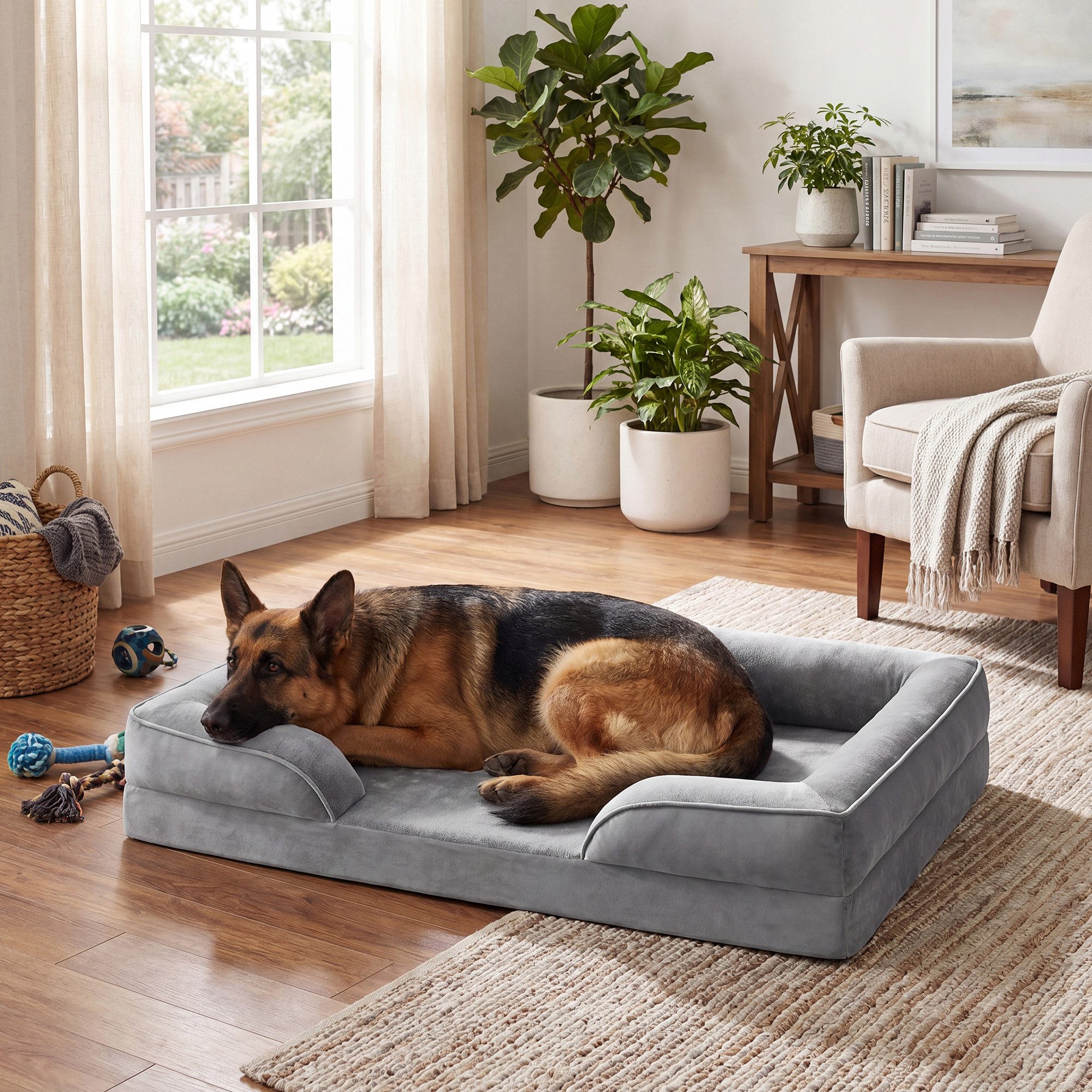 FEANDREA Tierbett Bezug abnehmbar, waschbar, rutschfest, Innenfutter wasserabweisend, Hundebett, erhöhter Rand, Noppenschaumstoff, XXL, 122 x 85 x 17 cm