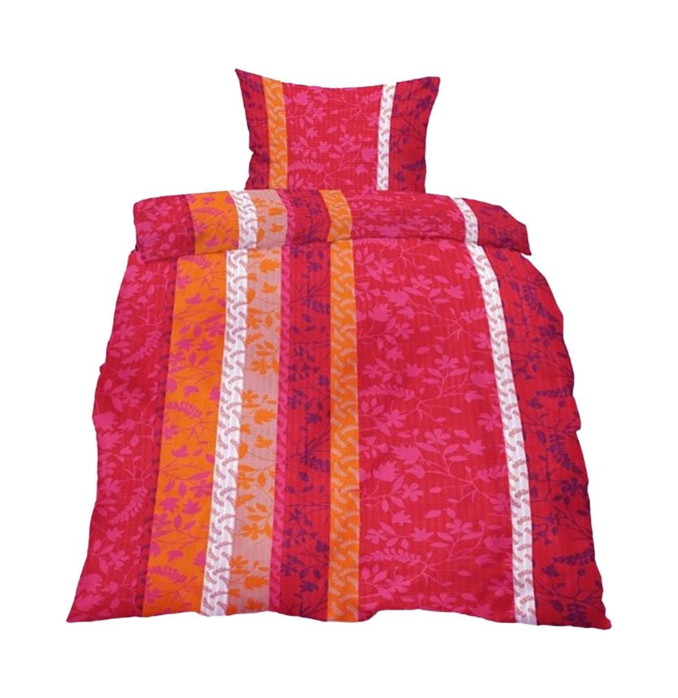 Casa Colori Bettwäsche Seersucker 135x200 cm Garnitur Bettgarnitur, Seersucker, 2 teilig, Rosa Pink gestreift mit Ranken