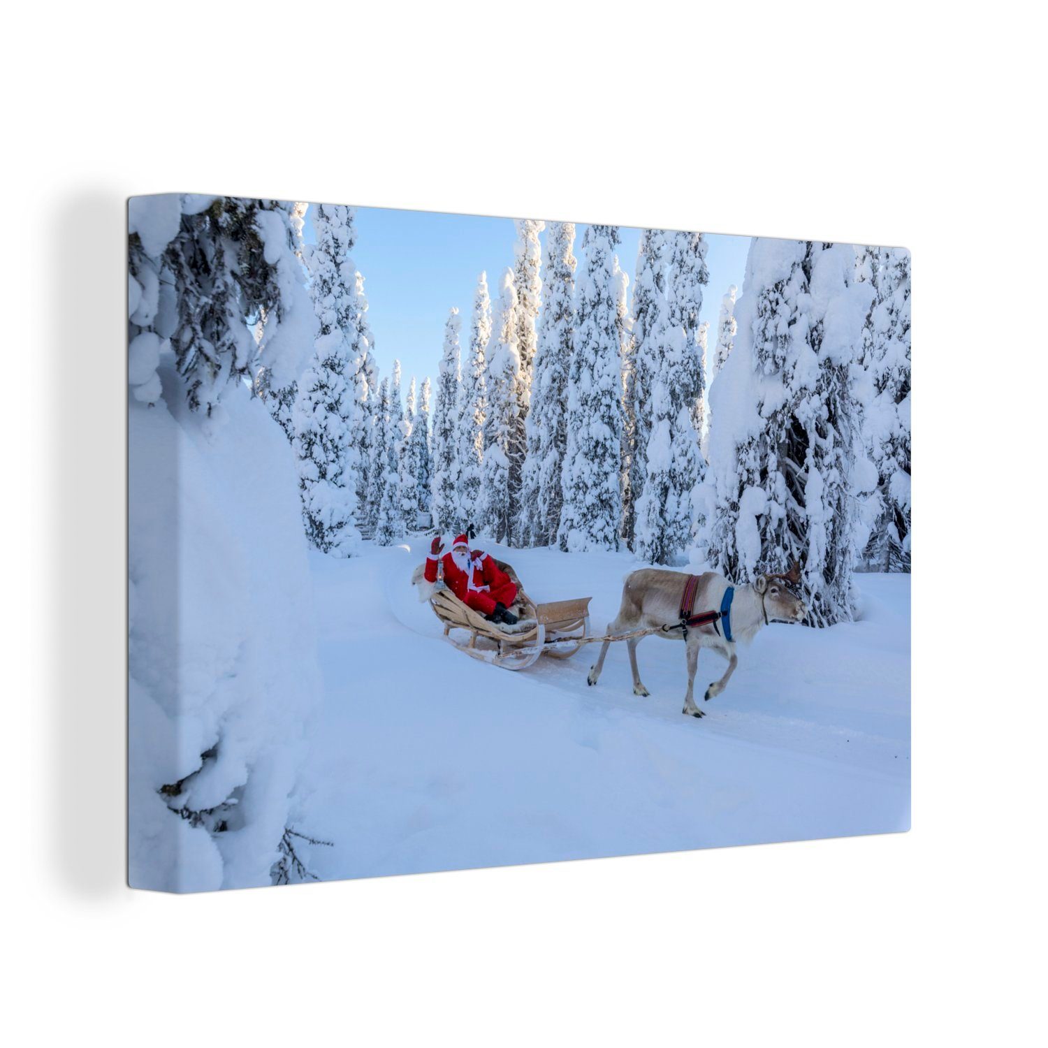 OneMillionCanvasses® Leinwandbild Der Weihnachtsmann auf einem Rentierschlitten, (1 St), Wandbild Leinwandbilder, Aufhängefertig, Wanddeko, 30x20 cm