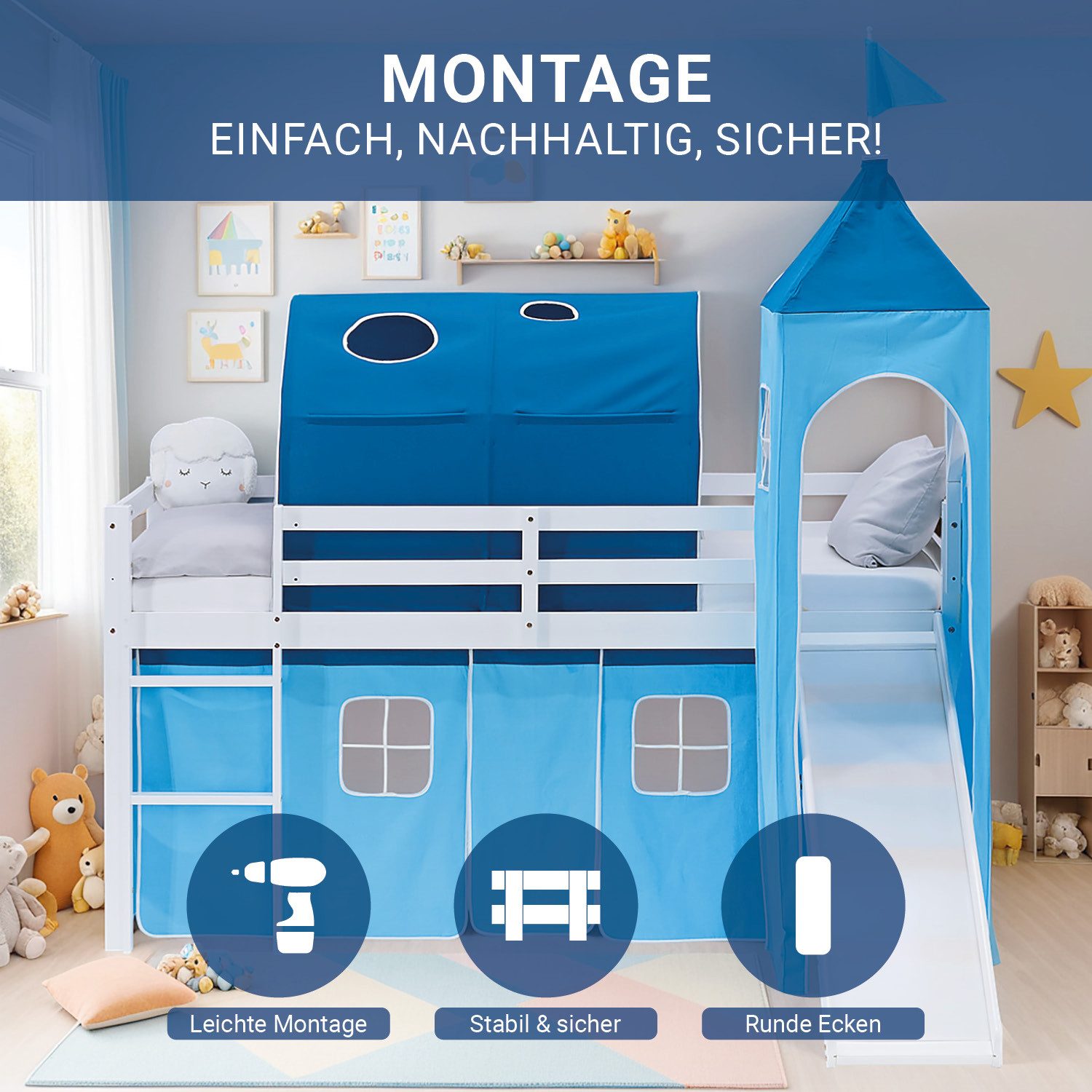 Homestyle4u Hochbett 90x200 Vorhang Kinderbett Holz günstig online kaufen