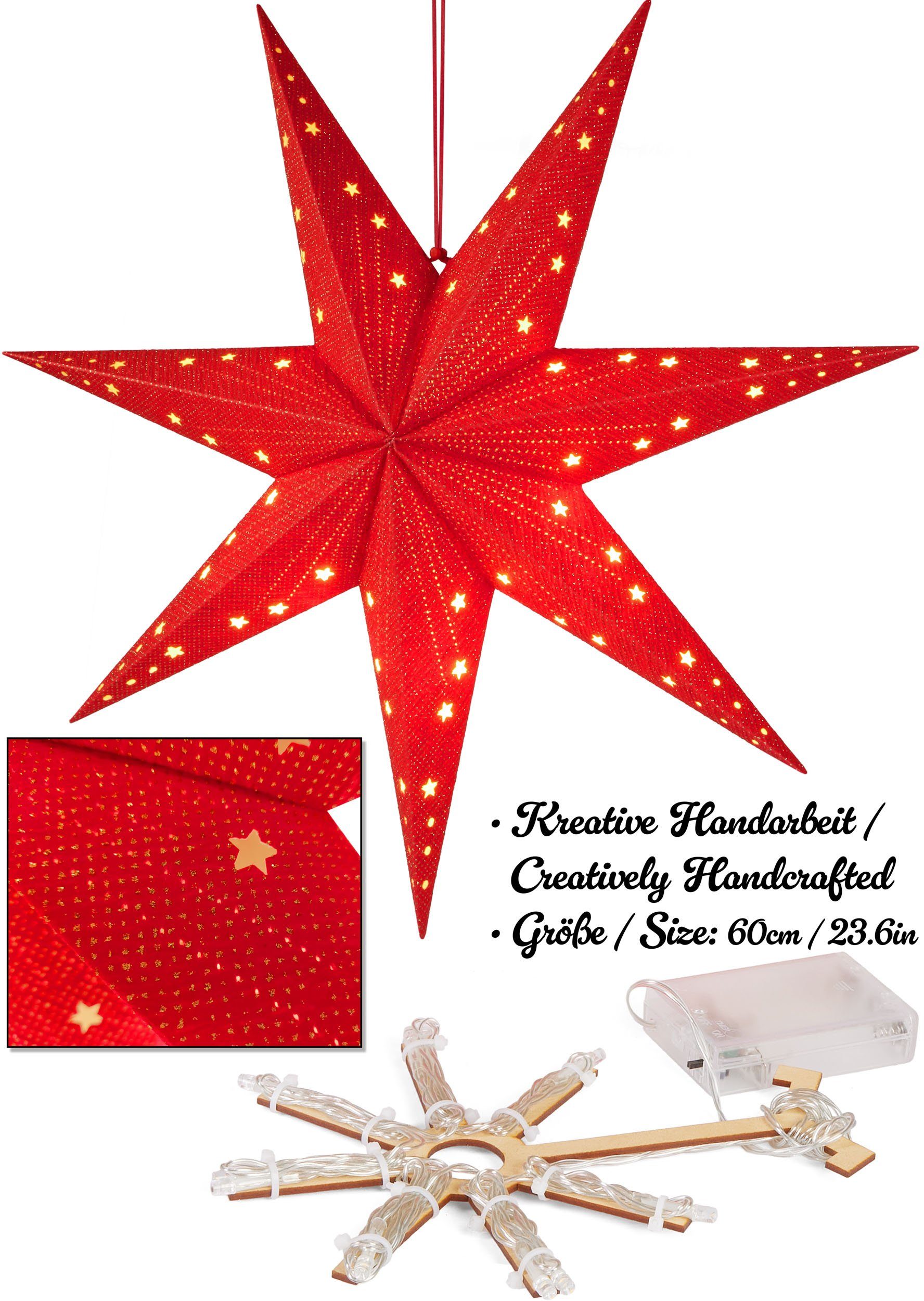 BRUBAKER LED Stern Weihnachtsstern zum Aufhängen - 60 cm Papierstern mit 7 Spitzen, Batteriebetrieben, Hängend und Beleuchtet, LED fest integriert, Warmweiß, 3D Adventsstern - Fenster Deko Leuchtstern