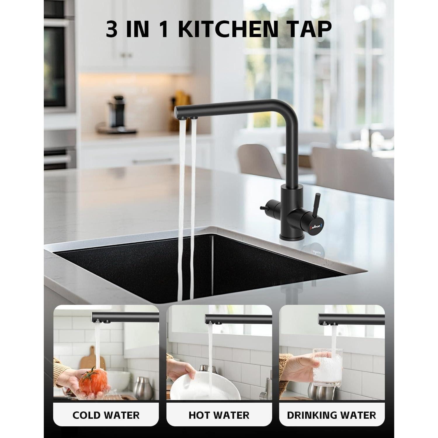 LuxusKollektion Küchenarmatur 3 Wege Wasserhahn Schwarz 360° Drehbar Mischb günstig online kaufen