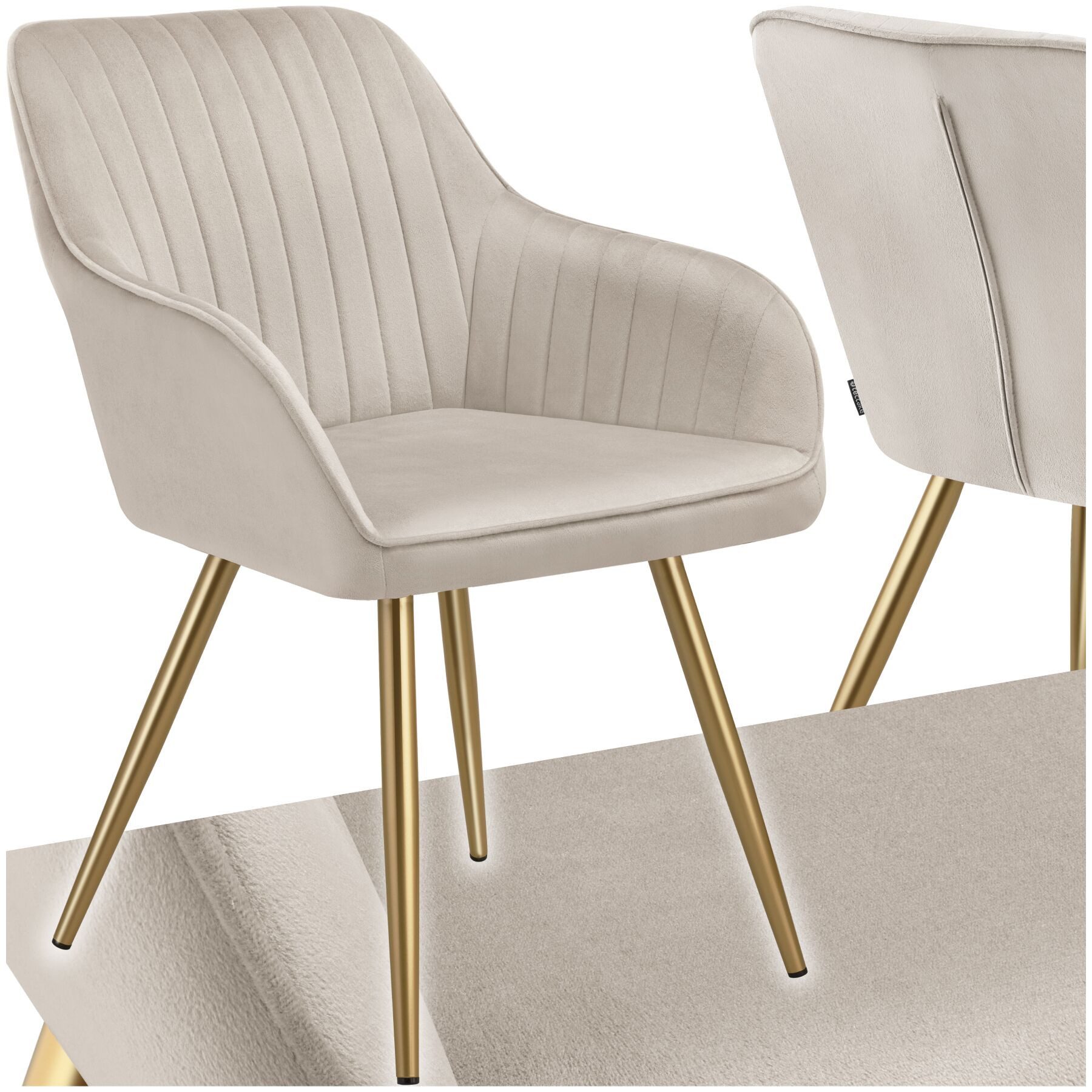 tectake Esszimmerstuhl Polstersessel gepolstert, in Samtoptik, gesteppt, 58 x 62 x 82 cm (Küchenstuhl Marilyn in taupe/gold, 1 St), schlanke, goldene Stahlbeine, bodenschonend, Belastbarkeit 120 kg