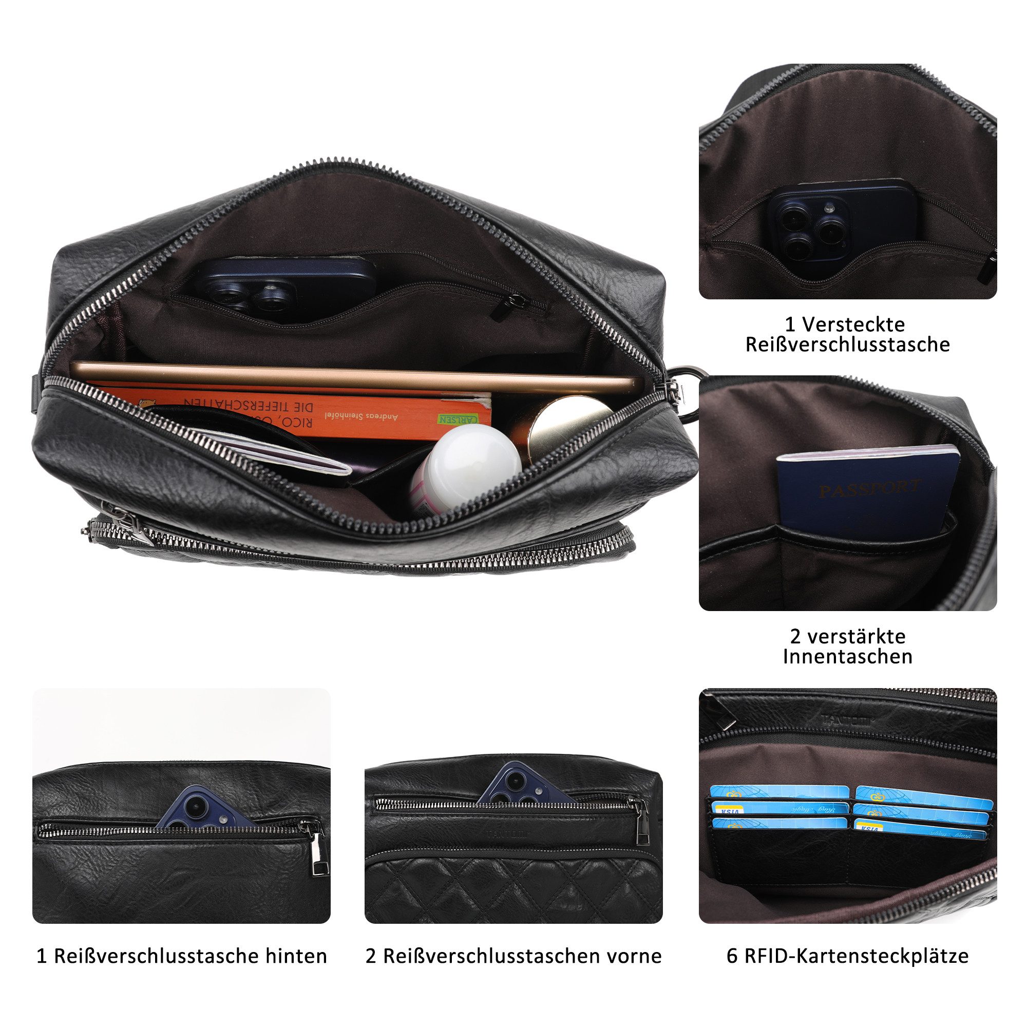 TANTOMI Umhängetasche Damen Schultertasche Mittelgroß, Crossbody Bag mit Mehreren Fächern, Damen Handtasche Leicht Henkeltasche Schultertasche