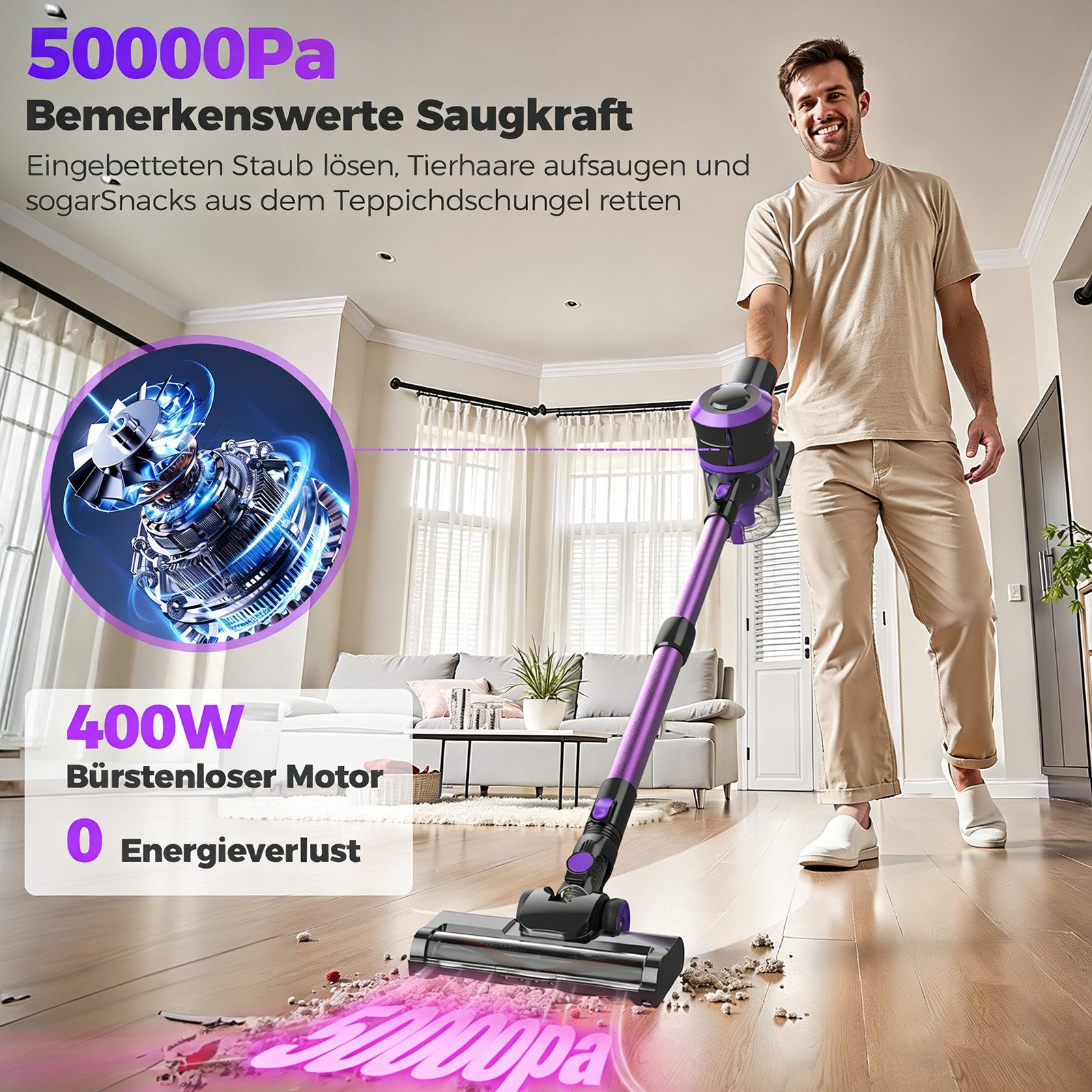 AKKEE Akku-Hand-und Stielstaubsauger Akku Staubsauger, 50000Pa/55min Leichtgewicht staubsauger kabellos, 400 W, beutellos, 5-stufiger HEPA-Filter