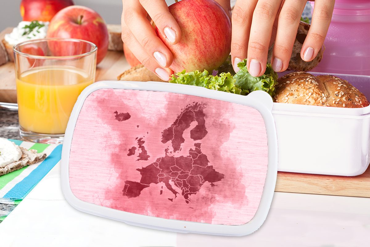 MuchoWow Lunchbox Karte - Europa Erwachsene, und Kunststoff, (2-tlg), weiß für Kinder Jungs Brotdose, Mädchen Rosa, und - Brotbox für