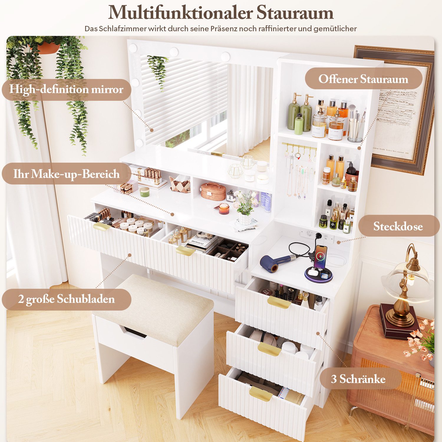 HOMALL Schminktisch Vertikale Streifen mit 5 Schubladen und 7 offenen Fächern (Mit 2 Euro-Steckdosen + 1 USB-Anschluss + 1 Typ-C-Anschluss)