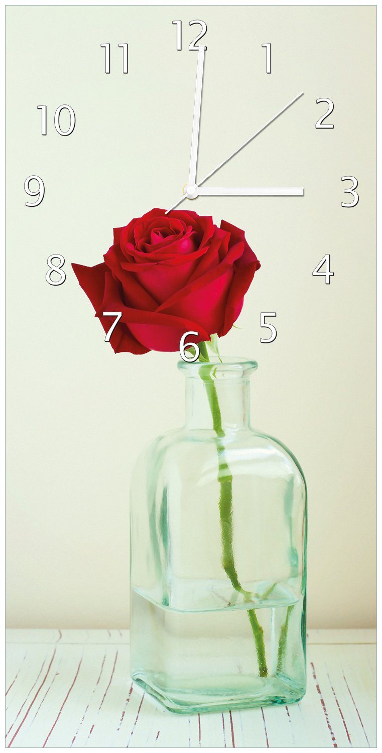 Wallario Wanduhr Rote Rose in Glasvase (Uhr aus Acryl)