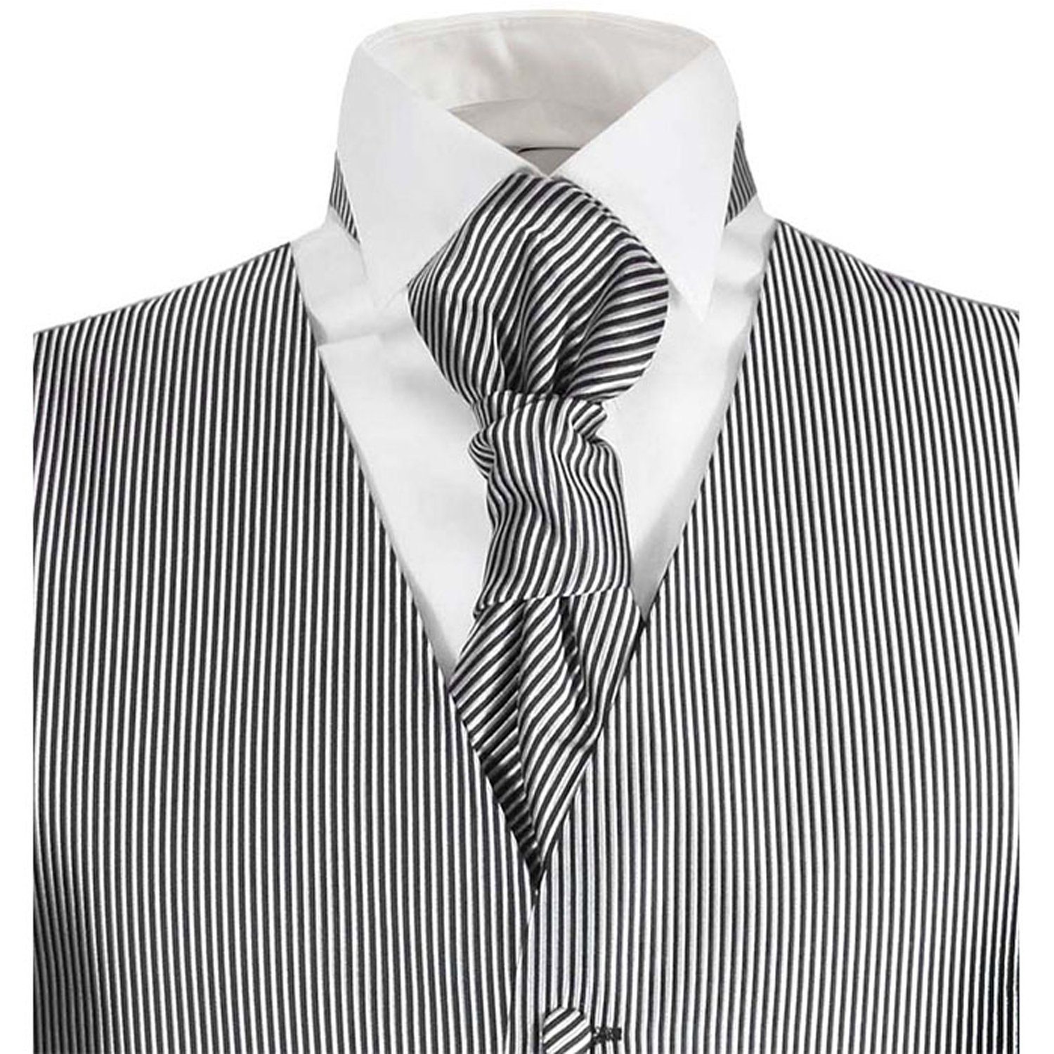 Paul Malone Anzugweste Herren Hochzeitsweste mit Plastron Set 2tlg - gestreifte Anzug Weste (Set, 2-tlg., mit Weste und Plastron) silber schwarz V7, Gr. 48 (XS)