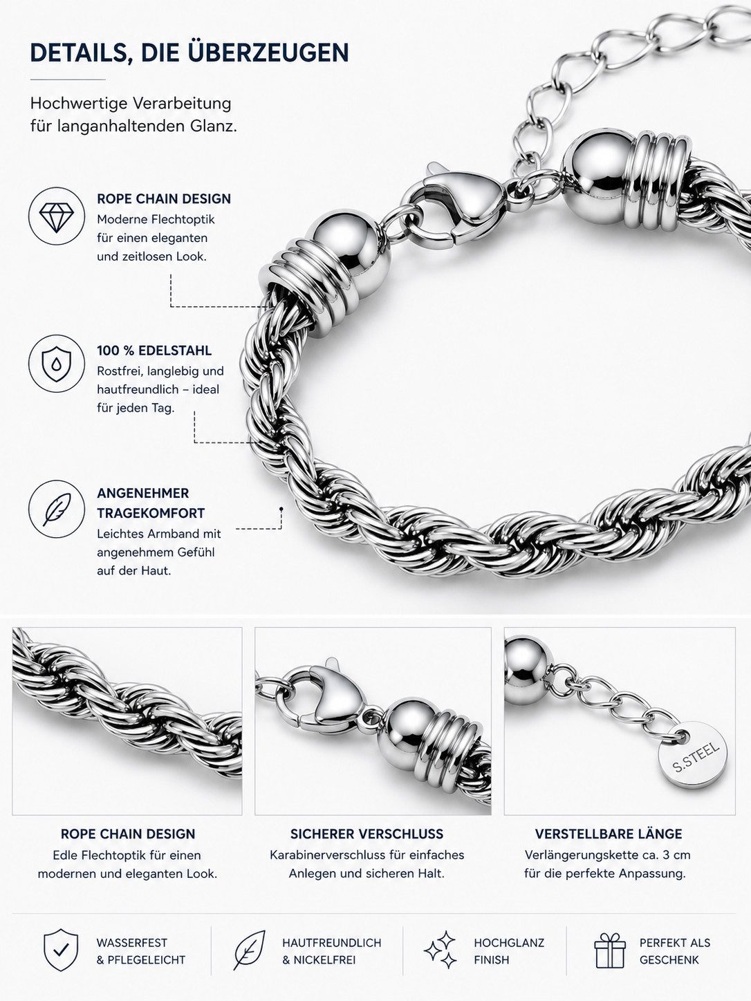 Brise Schmuck Armband Armband Damen Rope Chain verstellbar 21+3 cm (Einzelartikel, 1 Armband), Elegantes Rope-Chain-Armband mit verstellbarer Länge