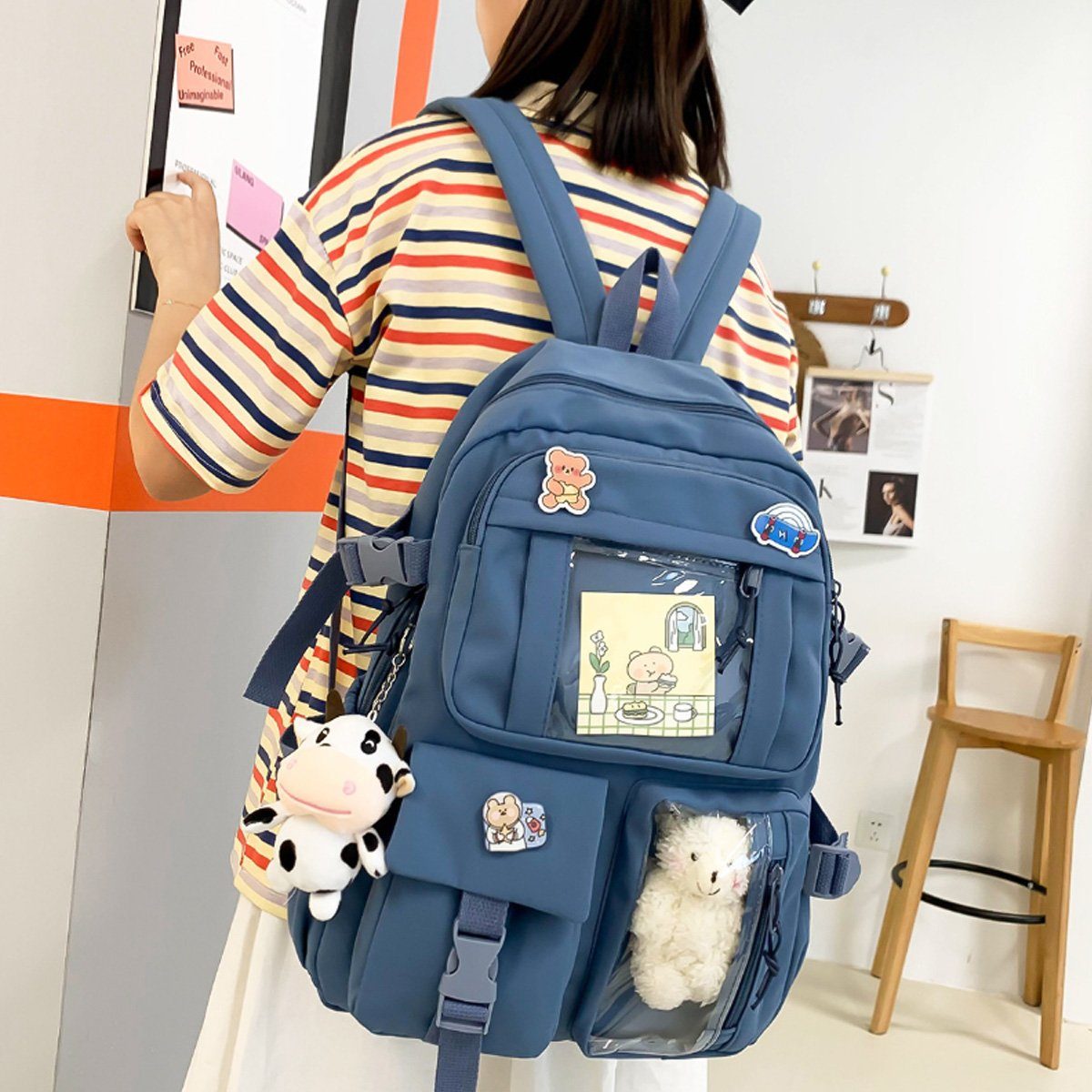 Studentin Zubehör Niedliche Niedliche-Anhänger Jormftte Blau Schulrucksack mit und Rucksack für