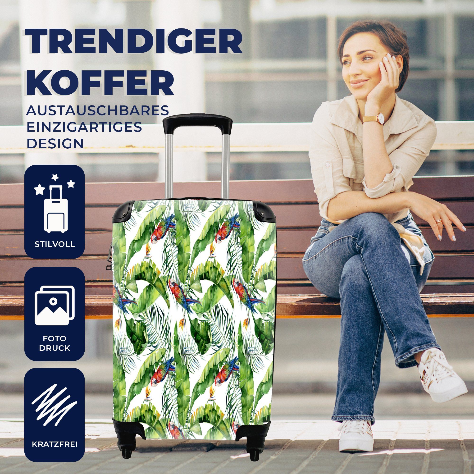 Papagei, Ferien, Reisetasche Handgepäck Paradiesvogelpflanze Blumen Handgepäckkoffer MuchoWow 4 rollen, für Reisekoffer mit - Trolley, - Rollen,