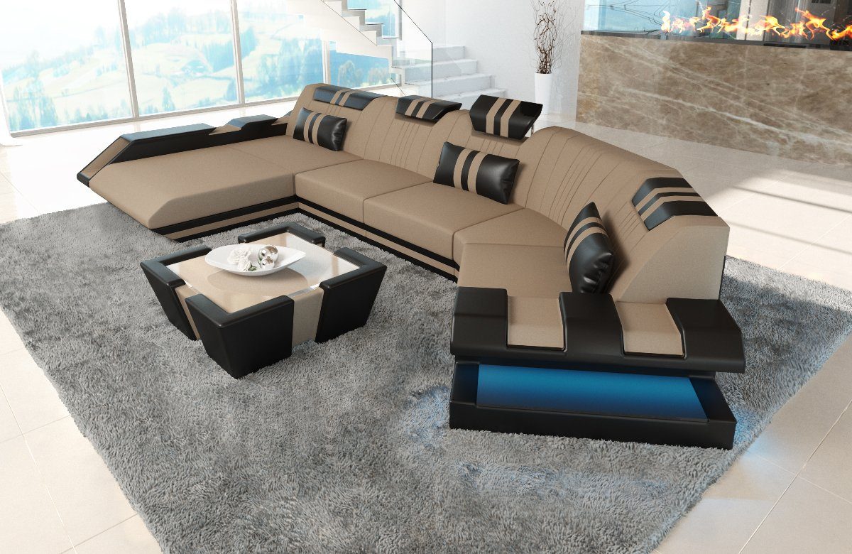 Cappuccino-Schwarz Bettfunktion Sofa Sofa, mit wahlweise Couch Schlafsofa, Apollonia Polster als Wohnlandschaft Stoffsofa C102 C Designersofa Sofa Dreams LED, Stoff mit Form