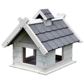 Mucola Vogelhaus Vogelvilla Grau Weiß Holz Vogelfutterhaus Vogelhaus Dach Vogelhäuschen, Eine kleine Erhöhung am Rand sorgt dafür, dass kein Futter herausfällt