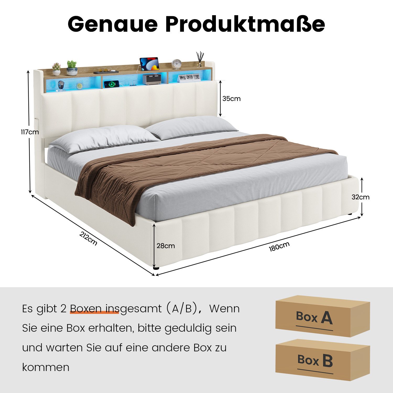KIMENICH Polsterbett mit LED Beleuchtung und Ladefunktion (1-tlg., Ohne Matratze), Jugendbett Hydraulisches Stauraumbett, 180x200 cm – Bild 2 von 5