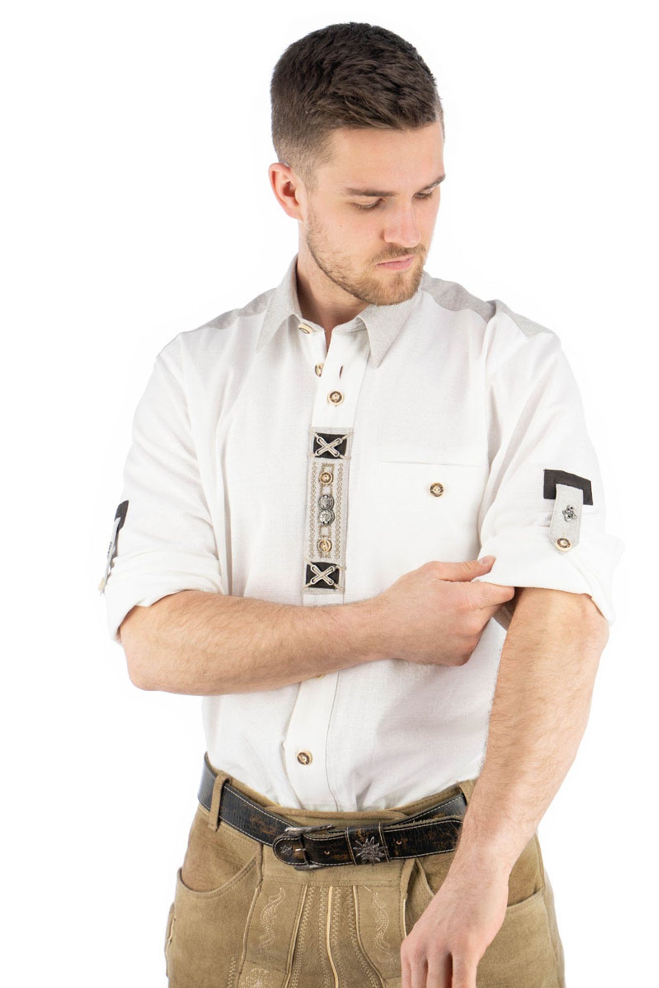 mit Nvoion OS-Trachten weiß Zierteile Langarmhemd Paspeltasche, Knopfleiste der auf Trachtenhemd