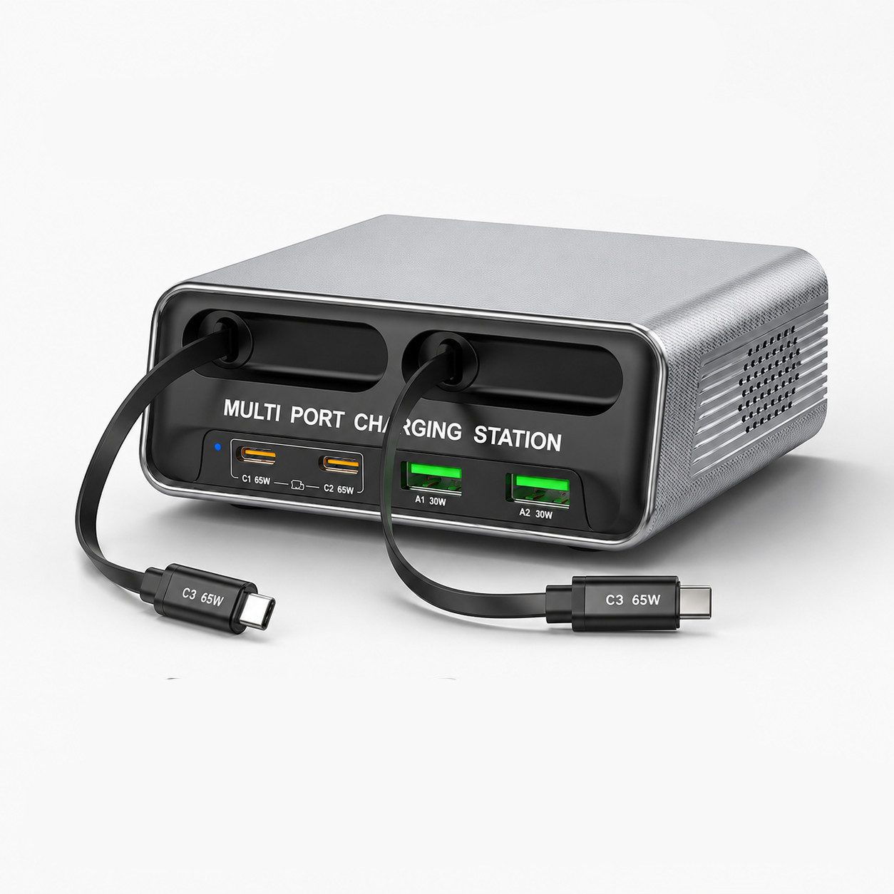 ibettertec 6 in 1 Ladestation Mehrere Geräte,320W Schnellladegerät Akku-Ladestation (USB C Schnellladegerät mit 2 Einziehbaren Kabeln, Klein Ladestation Kompatibel, für MacBook, iPad, iPhone, Samsung und anderen Geräten)