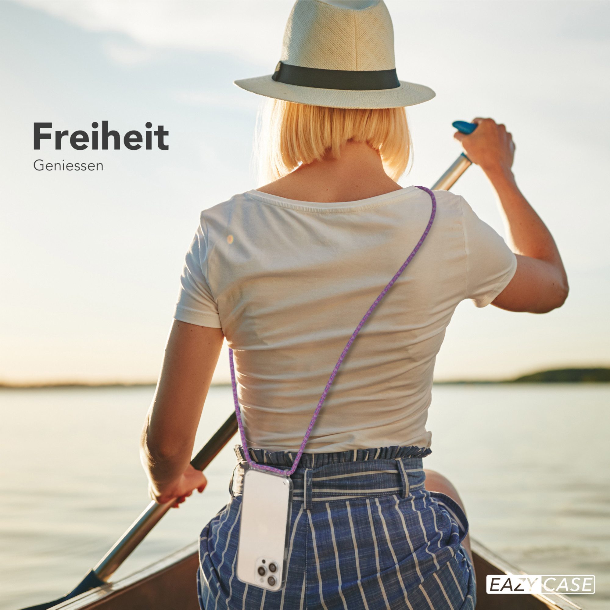 EAZY CASE Handykette Hülle mit Kette für Apple iPhone 16 Pro Max 6,9 Zoll, Umhängetasche für Handy Silikonhülle Handyhülle durchsichtig Violett