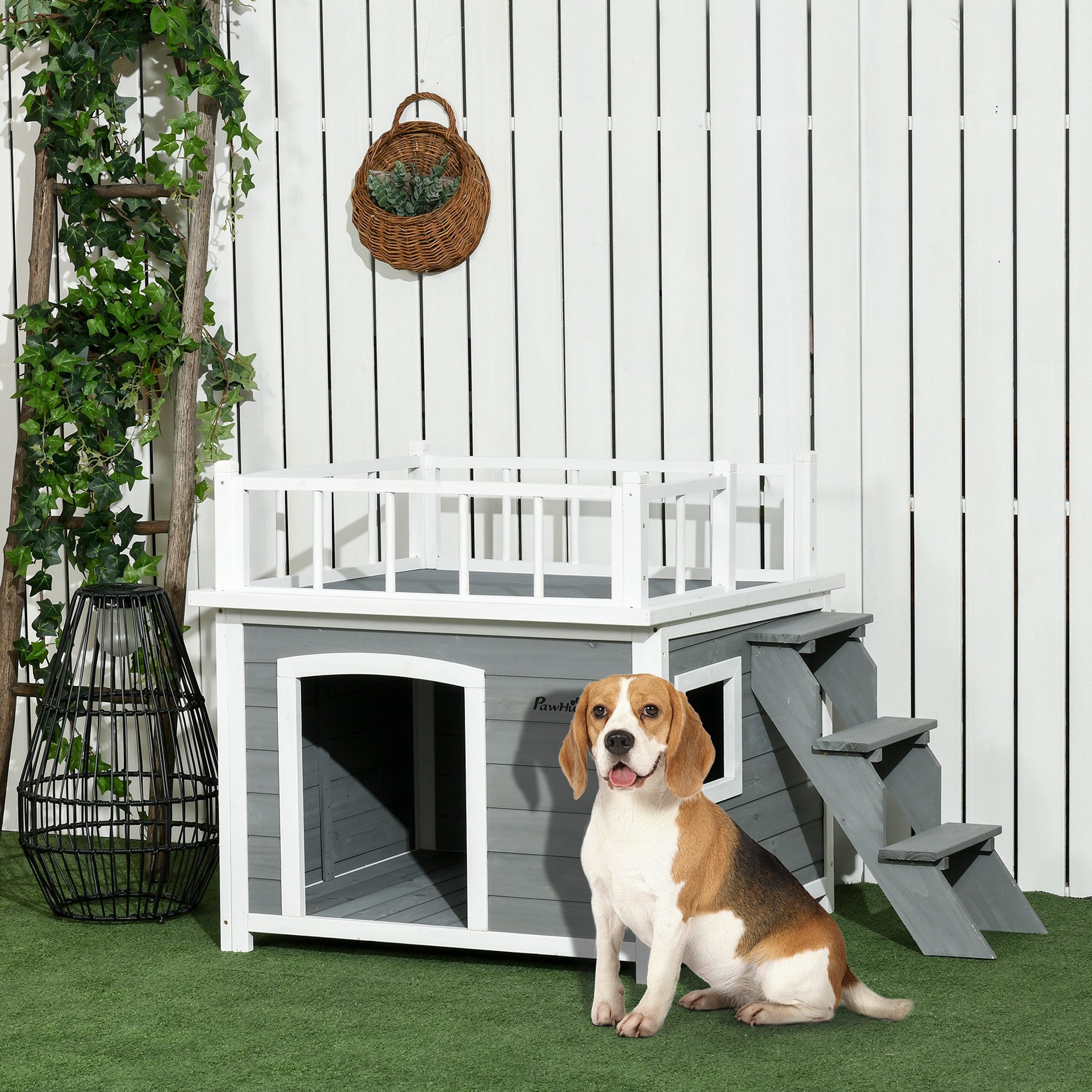 PawHut Hundehütte Hundehaus, Kleintierhaus mit Treppe, Fenster, Tannenholz, Hellgrau 121 x 77 x 78 cm
