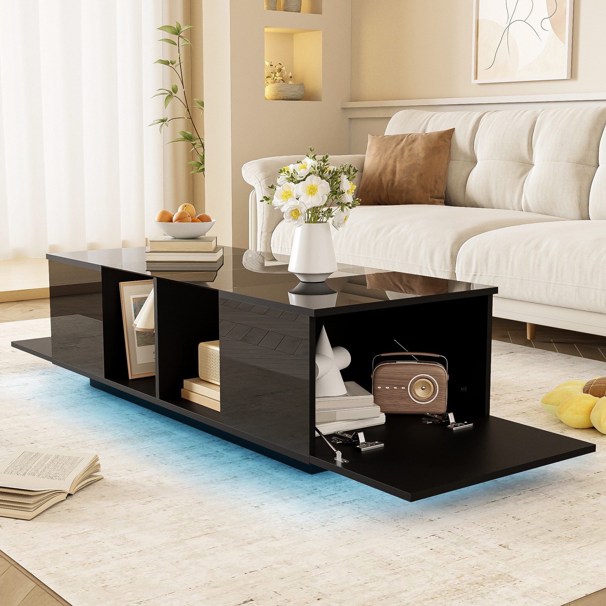 Furnishings Home Couchtisch Wohnzimmertisch Ablagetisch LED Beistelltisch (Hochglänzender quadratischer, mit LED Beleuchtung & Fernsteuerung), Mit Glasplatte un – Bild 2 von 5