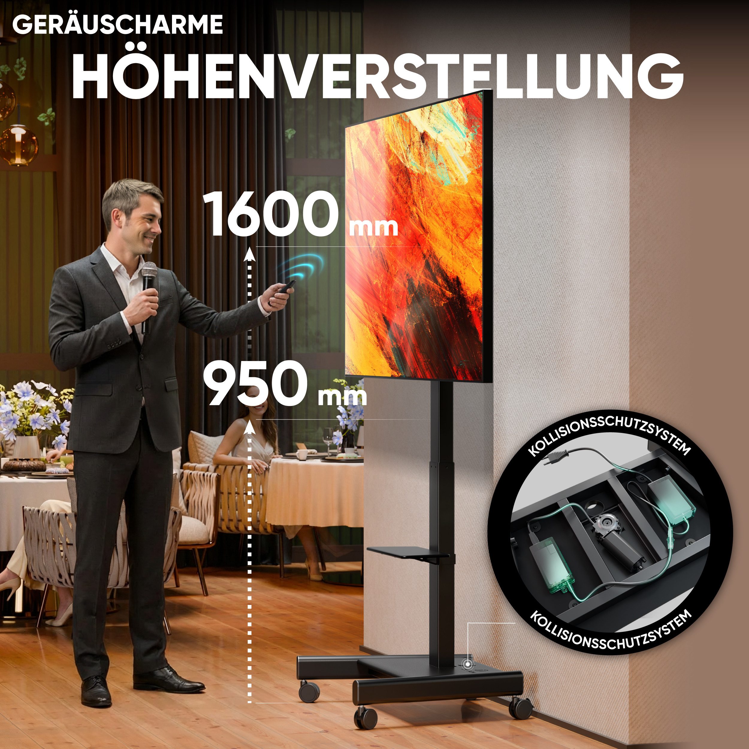 ONKRON TV-Ständer 43-75 Zoll, bis 70 kg, VESA 100x100-600x400, TS1552E-B, (bis 75 Zoll, elektrisch höhenverstellbar, rollbar, mit Ablage, Kabelmanagement)