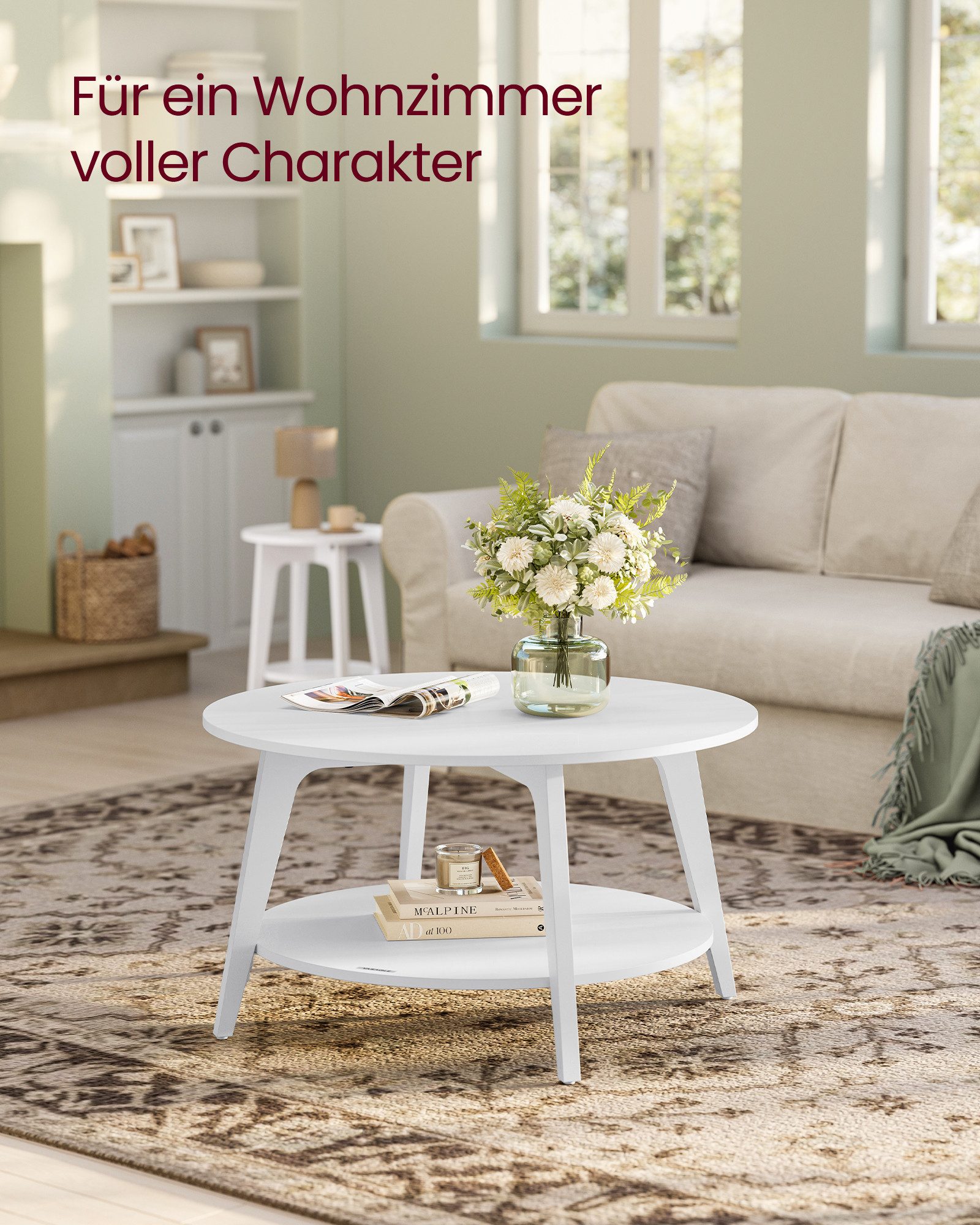 VASAGLE Couchtisch rund mit Ablage, Holzoptik, modern skandinavisch, Beistelltisch (inkl. Zubehörpaket & Anleitung), Wohnzimmertisch 2 Ebenen, Ø 80 cm, einfach zu montieren