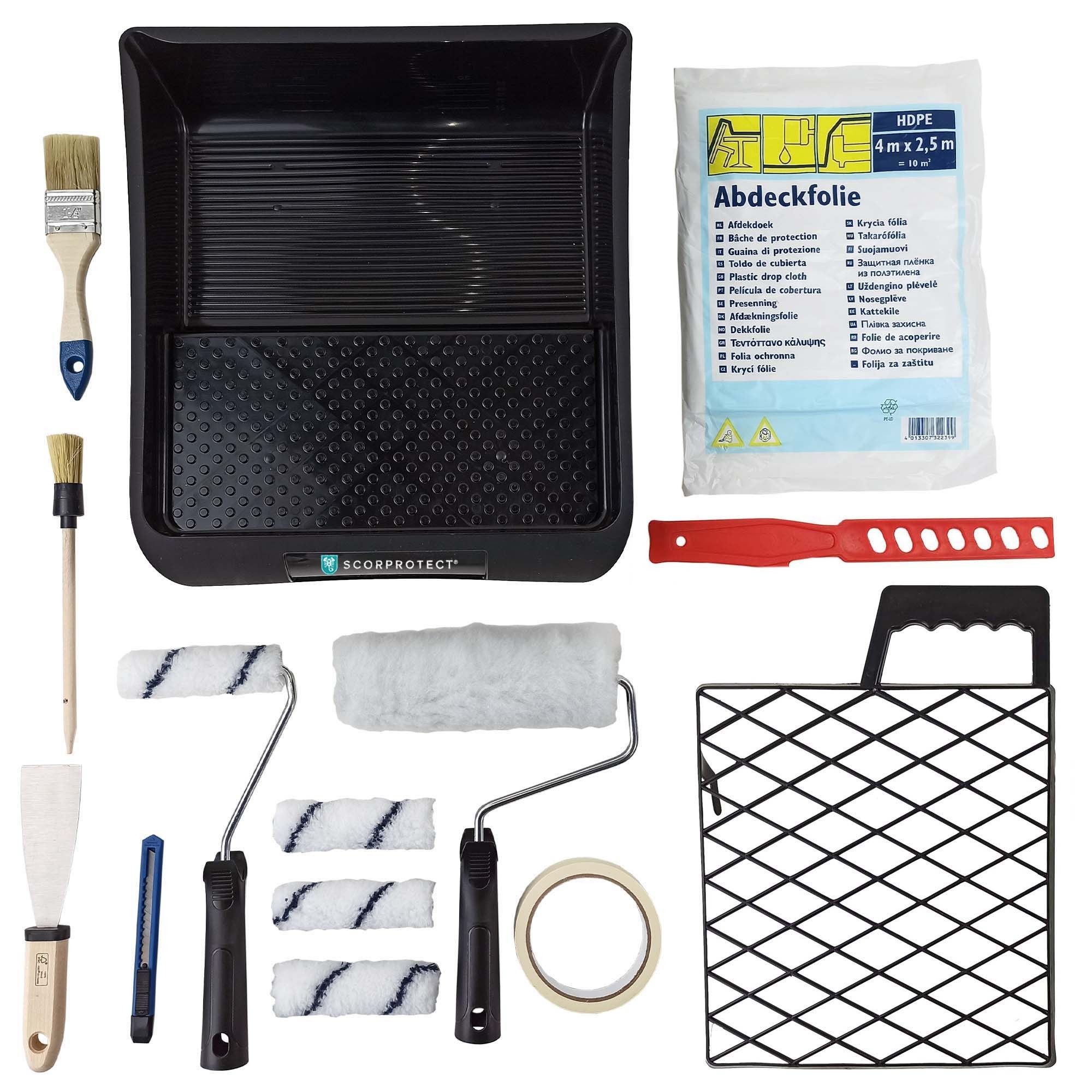 Scorprotect® Farbroller Renovier-Komplett-Set 16-teilig für Malerarbeiten