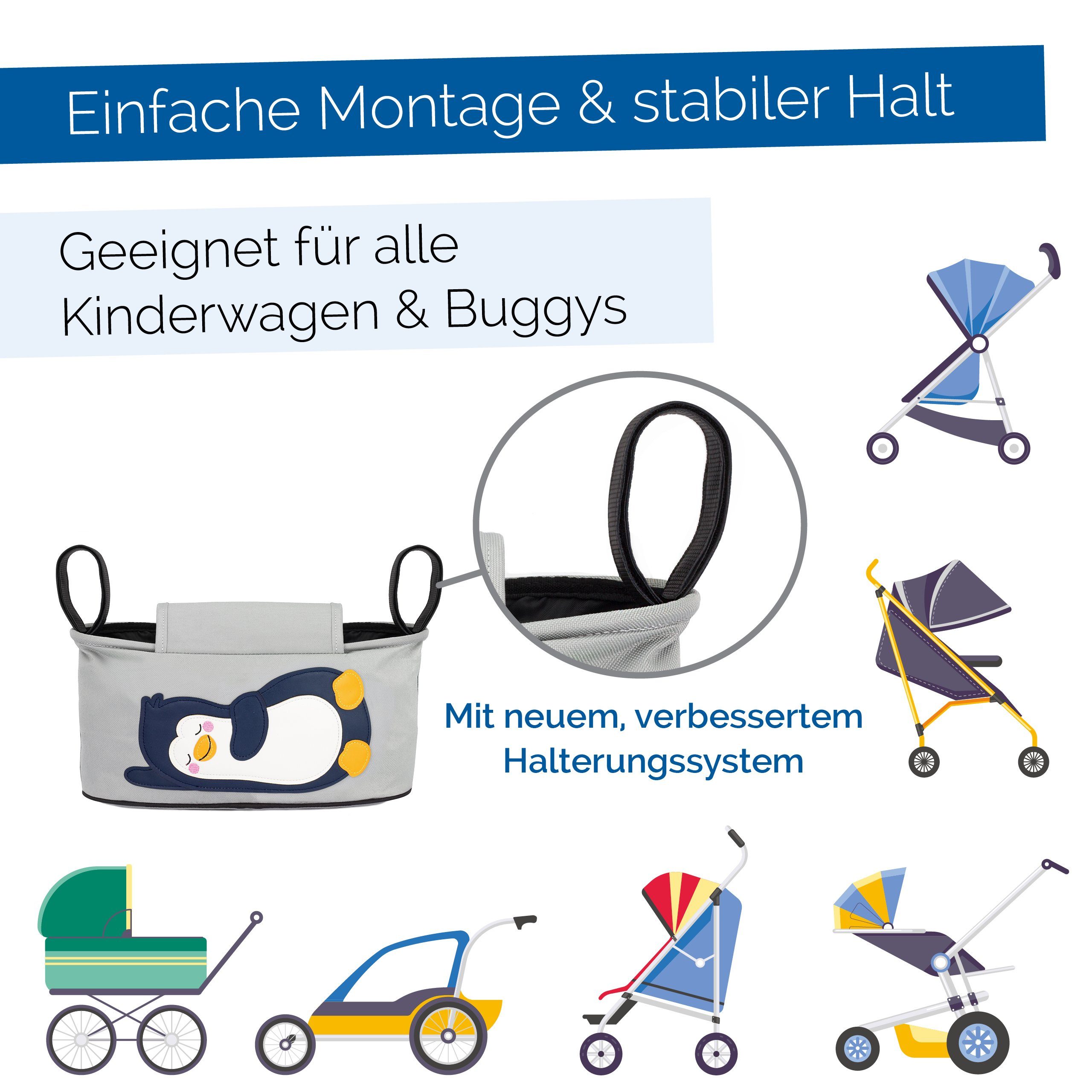 GLÜCKSWOLKE Kinderwagen-Tasche in Grau oder Schwarz I 6 Motive I Kinderwagentasche & Buggy Organizer, Kinderwagen Tasche mit Getränkehalter und Feuchttücherfach