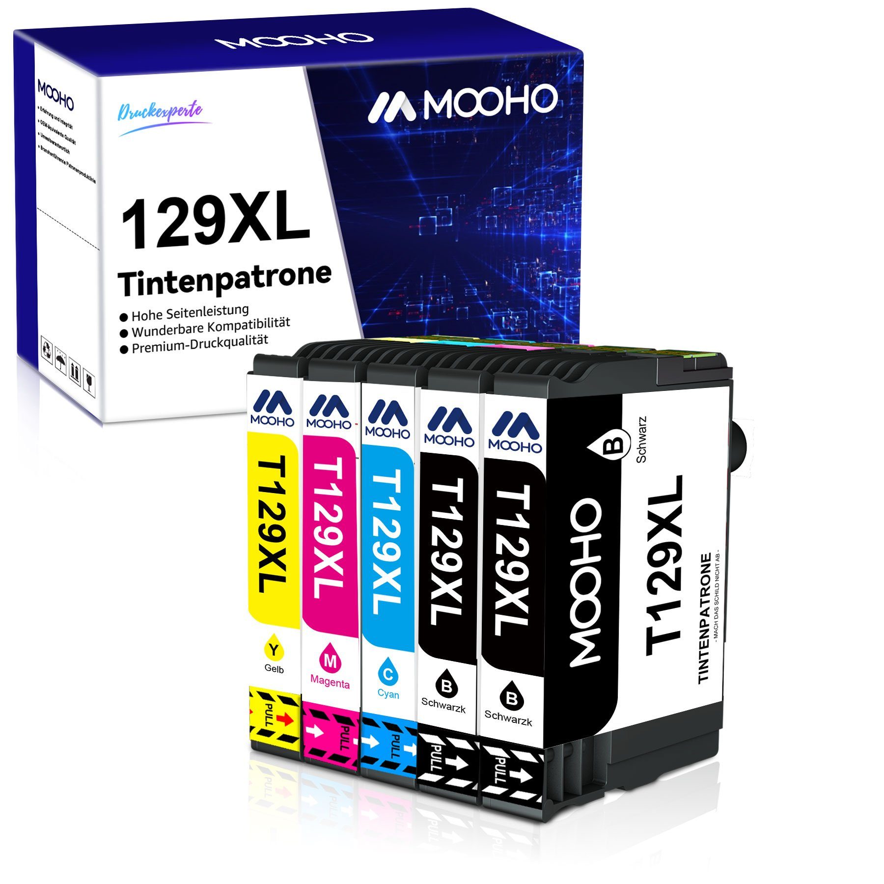 MOOHO Ersatz für T1295 T1291 T1292 T1293 T1294 5er-pack Tintenpatrone (Epson 129XL 129 XL Workforce WF3520 Epson Stylus SX235W SX435W, Epson Stylus Office BX305FW BX535WD BX625FWD BX525WD)