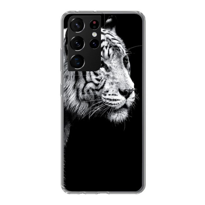 MuchoWow Handyhülle Studioaufnahme eines weißen Tigers auf schwarzem Hintergrund Phone Case Handyhülle Samsung Galaxy S21 Ultra Silikon Schutzhülle