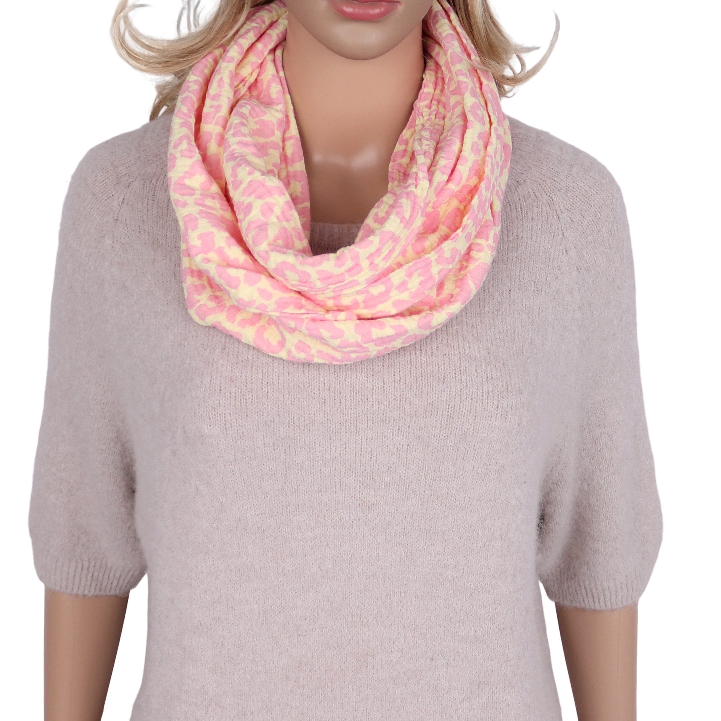 MIRROSI Loop Damen Schal aus Musellin, Made in Italy 70x20cm, Leo, Schlauchschal, (Zweimal um den Hals wickelbar, ca.70x20cm), Damen Halstuch ideal für Frühling, Sommer oder Herbst