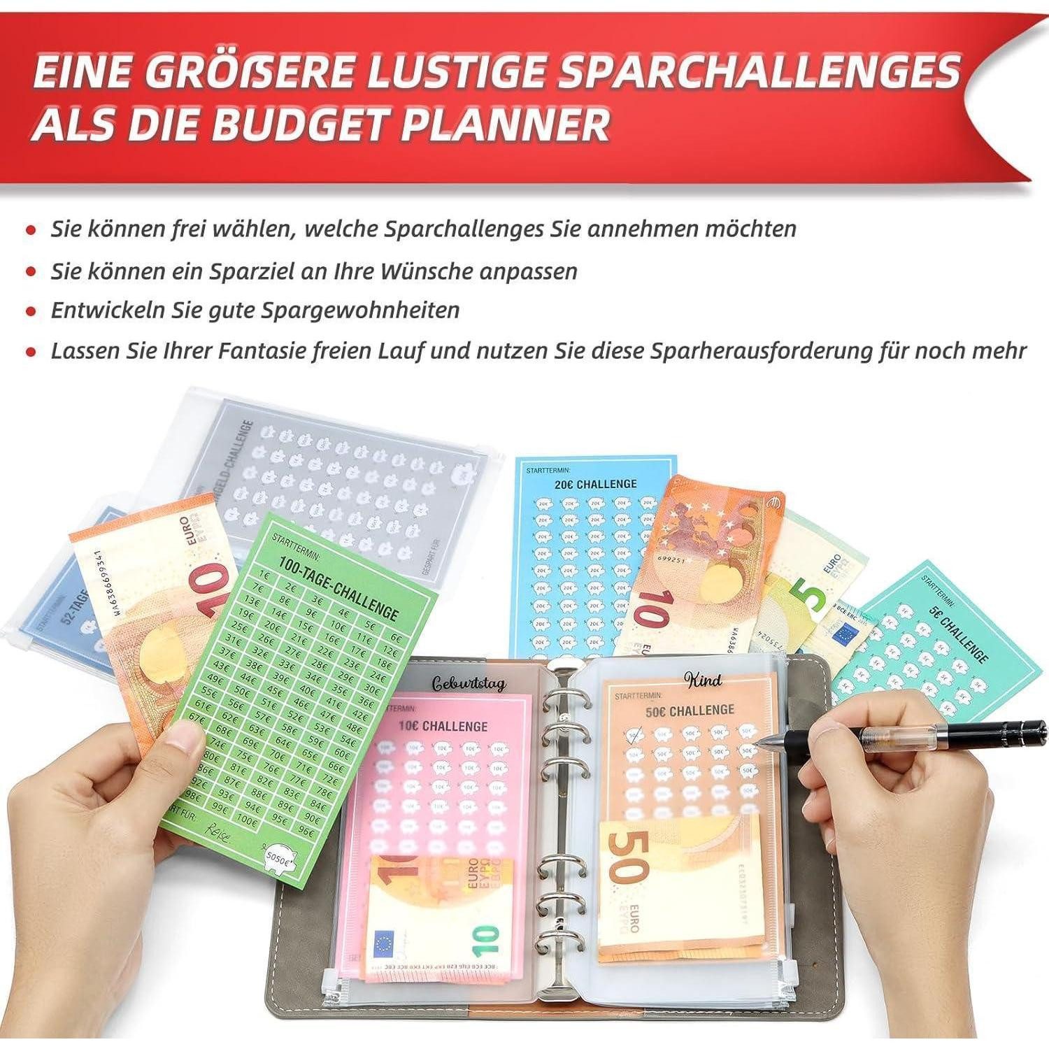 LuxusKollektion Ringbuchmappe Geld Sparen Challenge Buch mit 8 Spar-Challenges A6 Lederbindung
