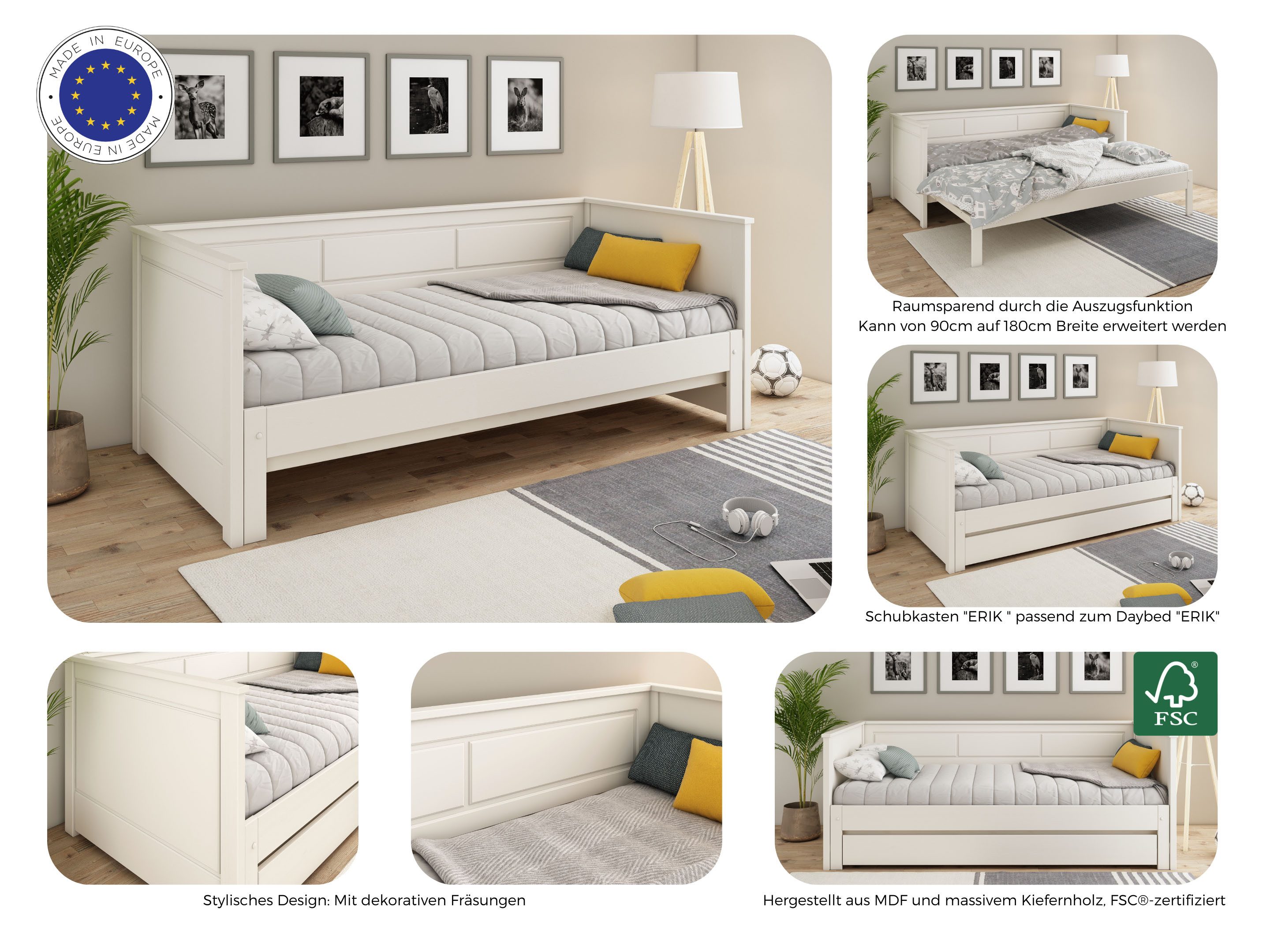 OTTO home Funktionsbett " ERIK " Daybed, Gästebett, Kinderbett, Massivholz (Kiefer), 2. Schlafplatz ausziehbar, moderner Landhausstil, Schublade optional – Bild 3 von 5