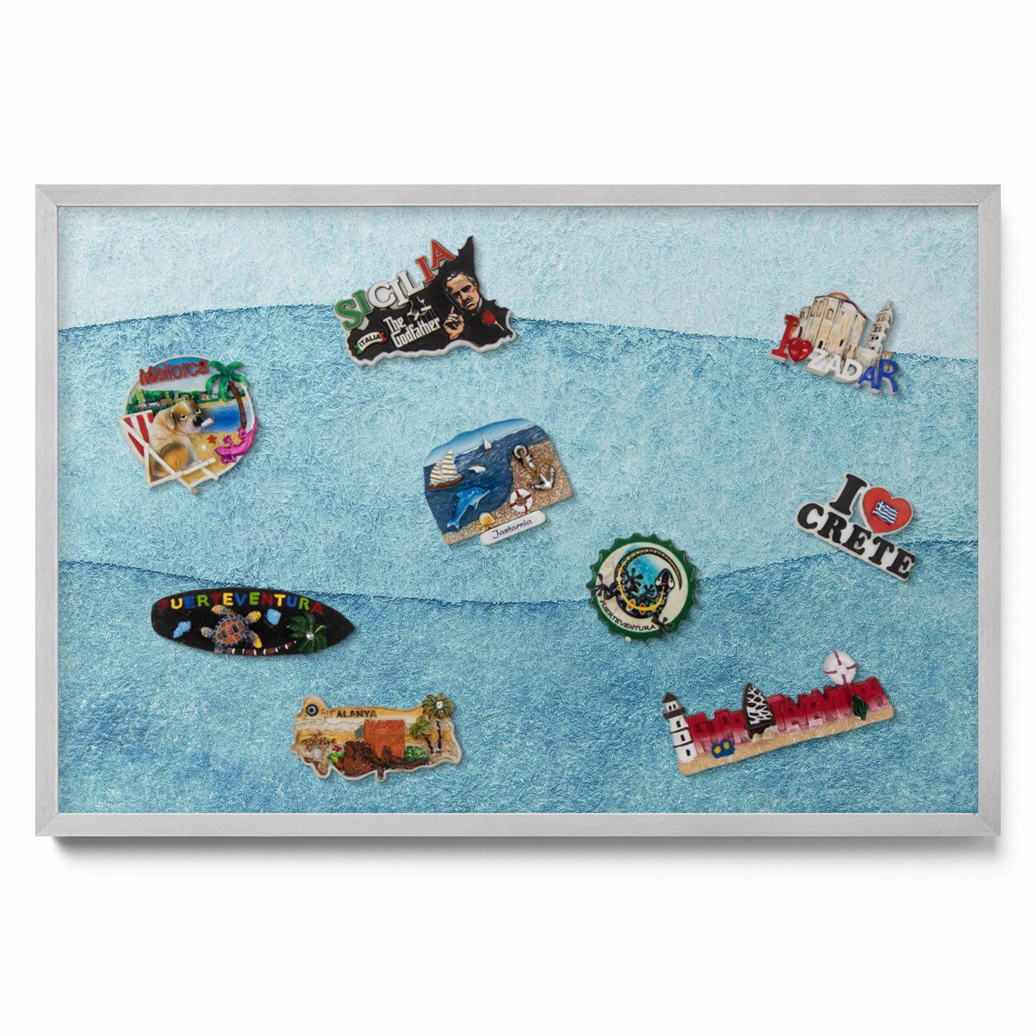 Tulup Magnettafel Blau mit silbernem Rahmen, für Wandmontage, Rechteckige Magnettafel, Aquarell blaue Wellen, Blau