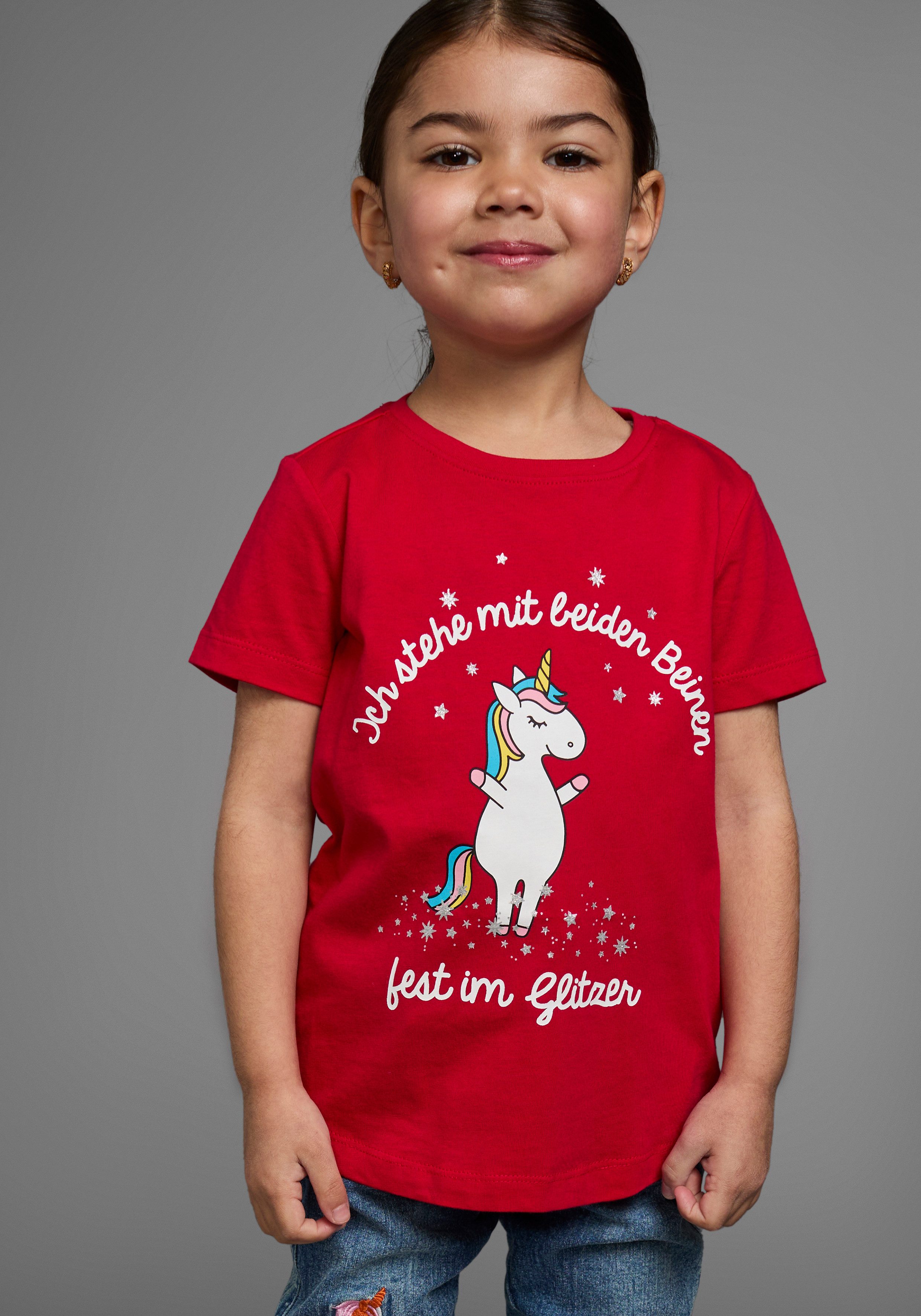 T-Shirt Mit Einhorn-Druck und Glitzereffekten