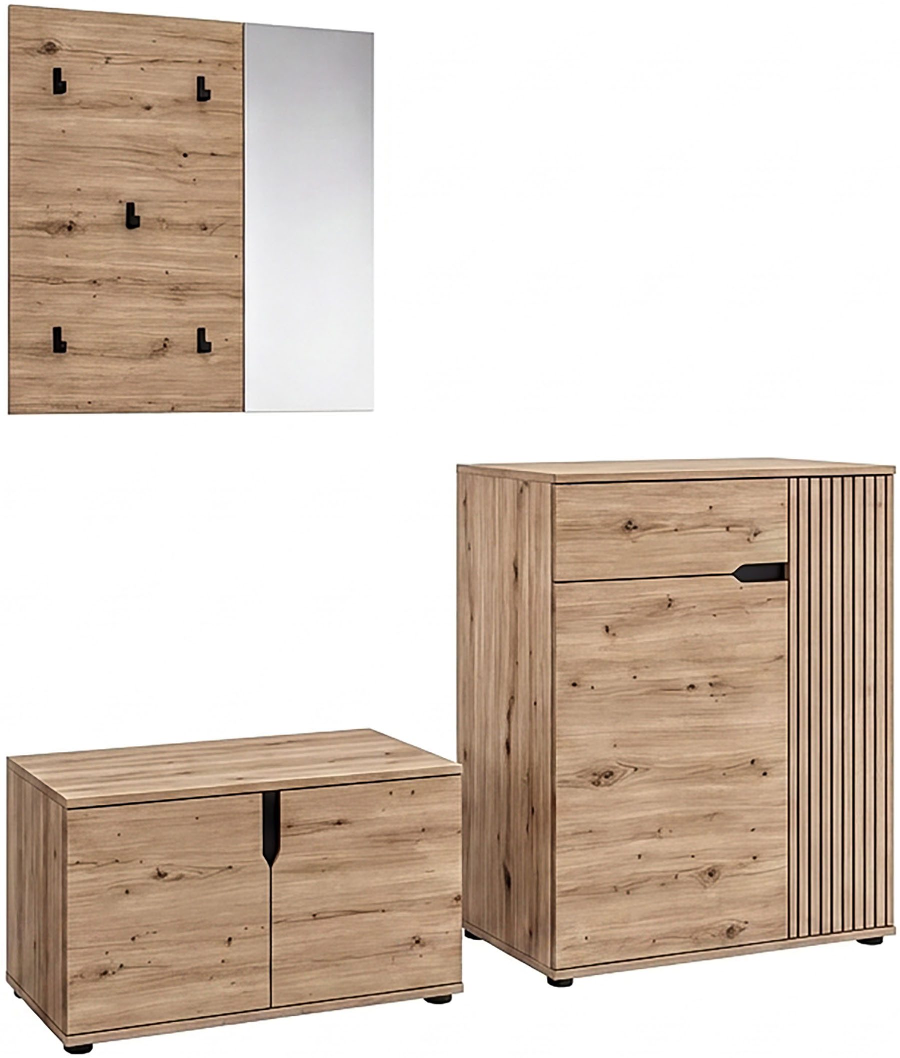 OTTO home Garderoben-Set FJELL, 3-teilig, Breite 175cm, Front mit hochwertiger Längsfräsung, (bestehend aus: Sitzbank, Paneel & Schuhkommode), Garderobenkombination, Kombination, Set, Garderobe, Flurgarderobe