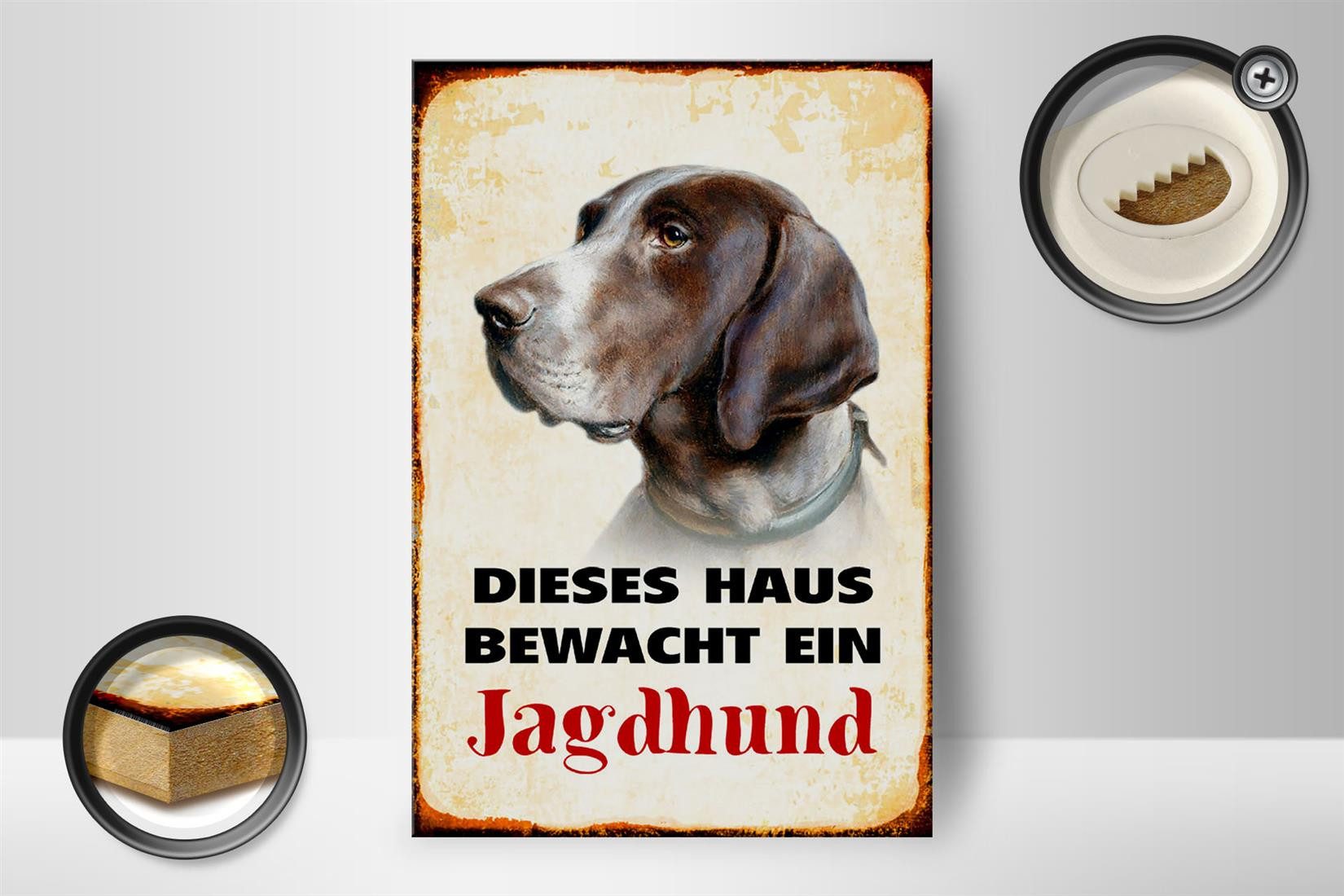 Femer GmbH Holzbild Hund 12x18 cm dieses Haus bewacht ein Jagdhund, (1 St), Glatte Holzfaserplatte (MDF), vorn beschichtet