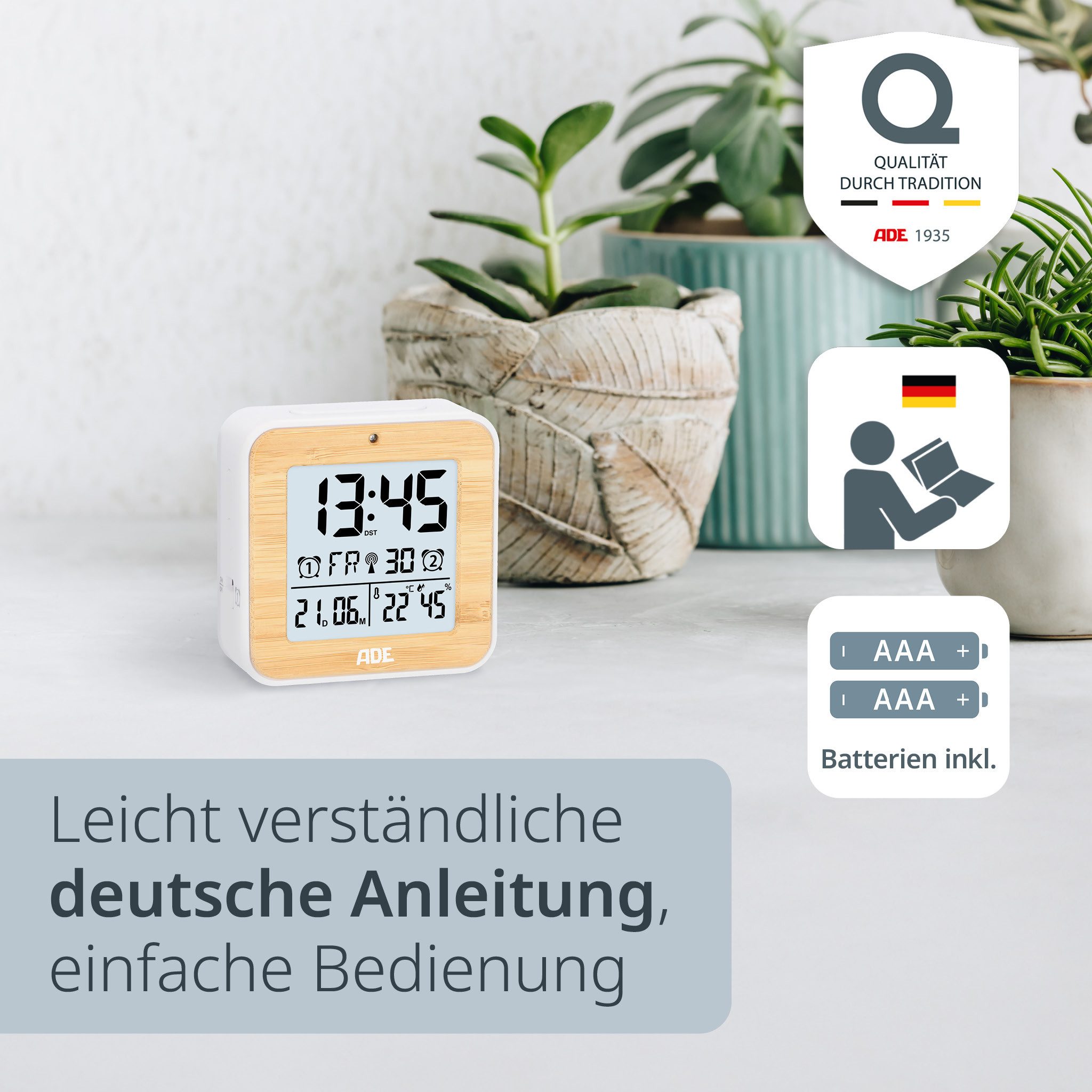 ADE Funkwecker Wecker digital funk mit Temperatur und Luftfeuchtigkeit automatischer Lichtsensor, 2 Weckzeiten, Schlummerfunktion