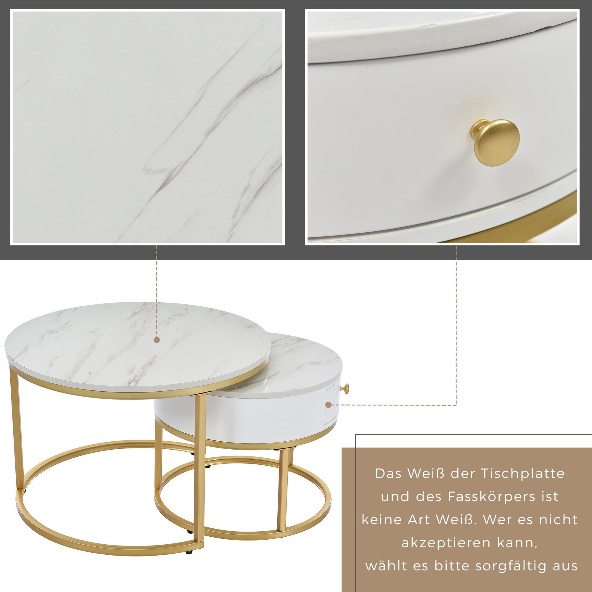 Marmoroptik Merax Couchtisch mit | Metallbeine goldenen Beistelltisch Holz rund (2-St), Weiß Schublade Weiß hochglanz mit Satztisch aus