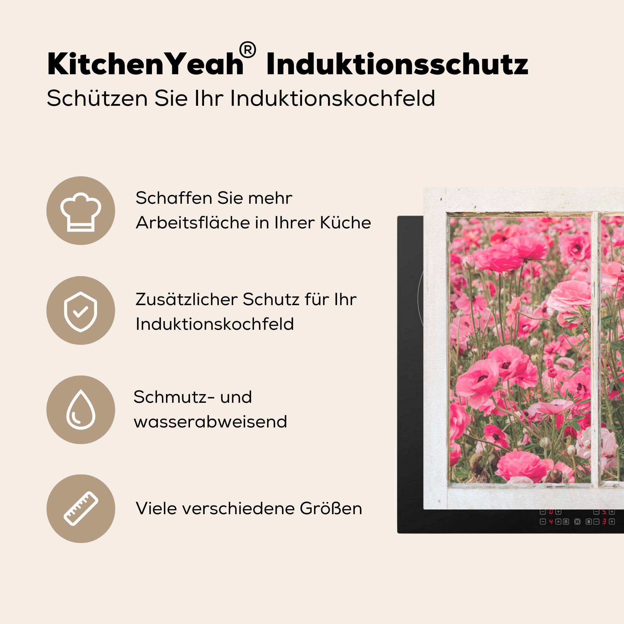 (1 Induktionskochfeld Rosa, 81x52 - cm, die - MuchoWow Ceranfeldabdeckung tlg), Blumen Herdblende-/Abdeckplatte küche, Schutz Durchsichtig Vinyl, für