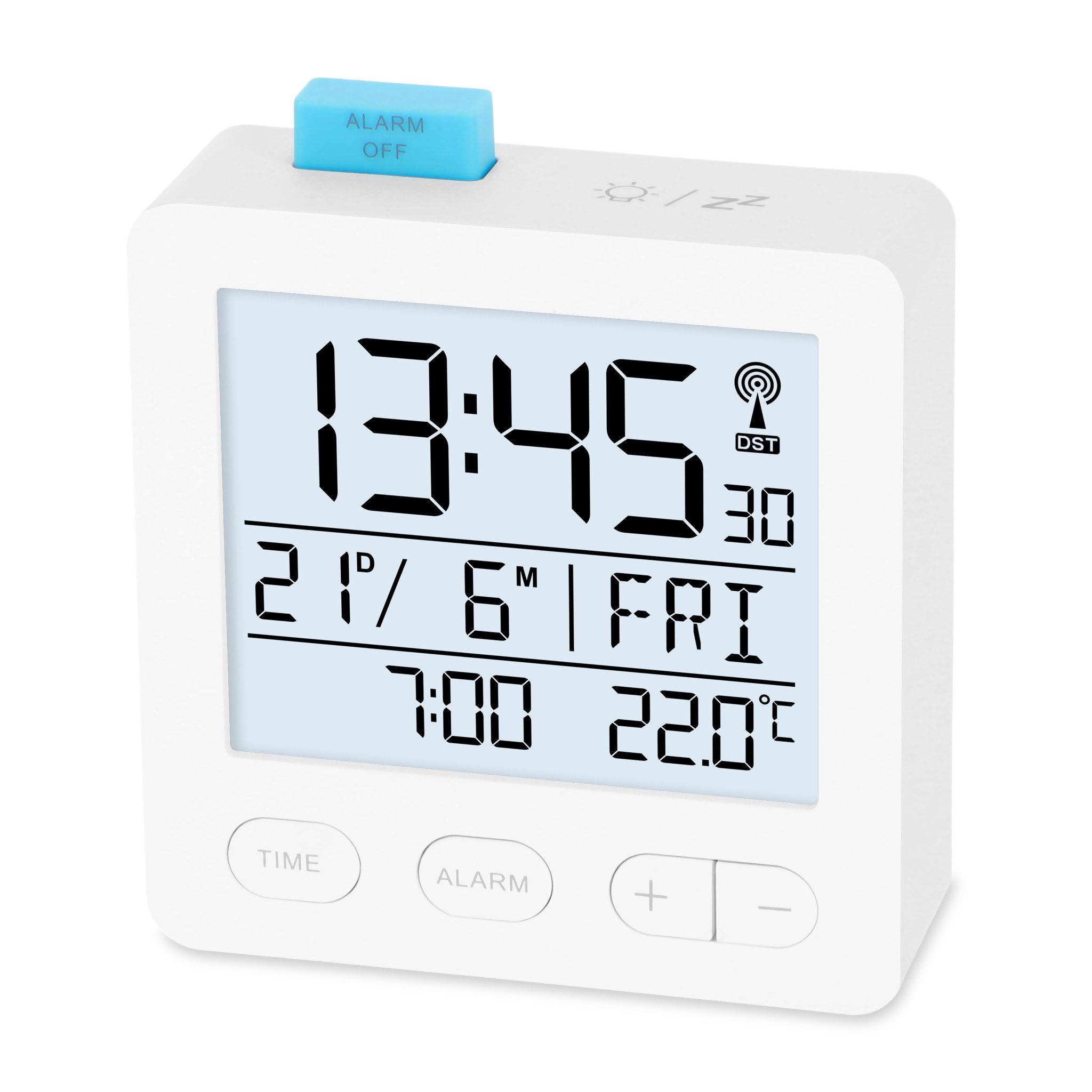 ADE Funkwecker mit Thermometer und Kalender Tasten auf der Vorderseite, Alarmknopf oben