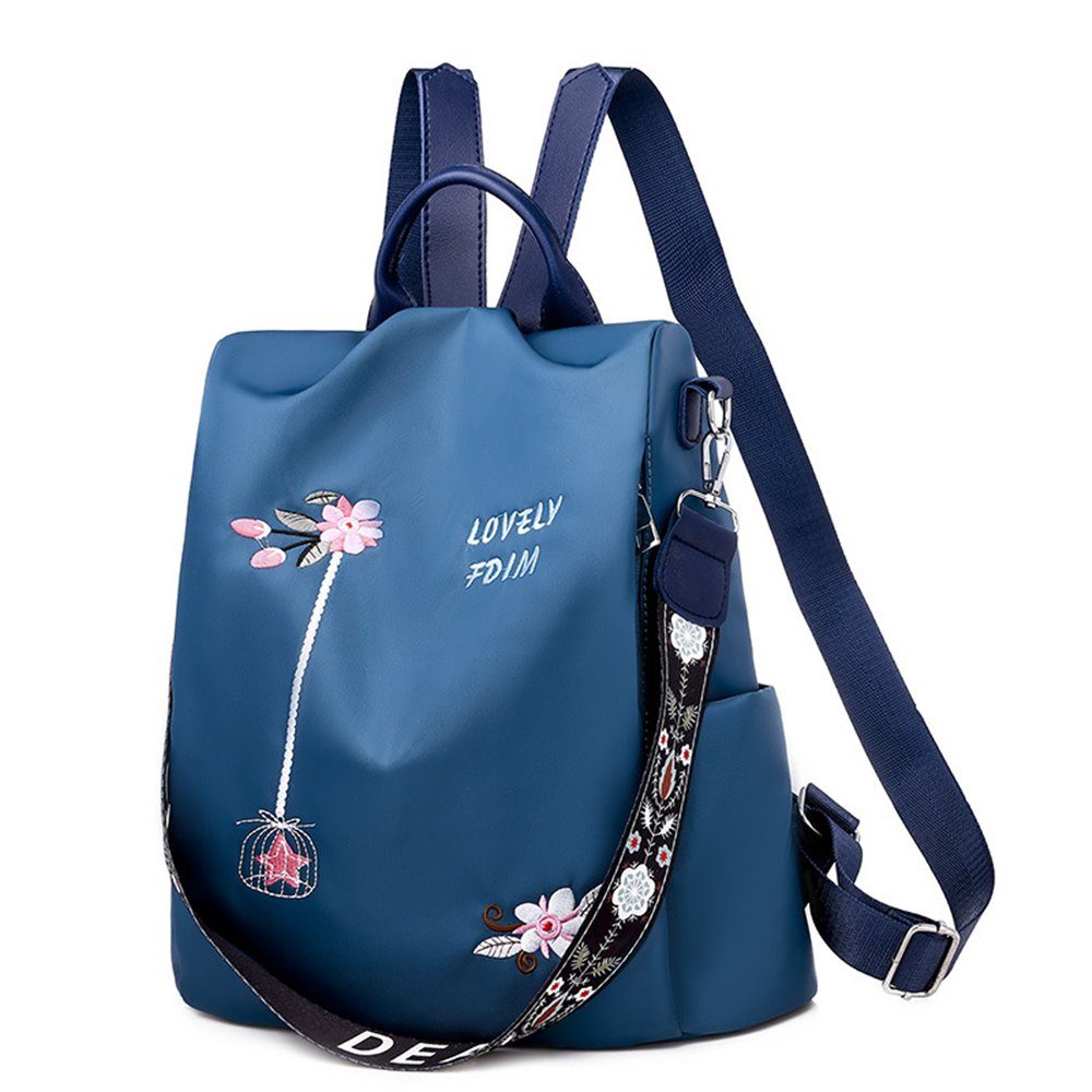 Blumenstickerei,Wasserdichte Damen-Rucksack Reise-Anti-Diebstahl-Schulterrucksack (Set) Daypack blau mit mit XDeer Schultasche mit Kapazität Oxford-Druck,täglicher hoher