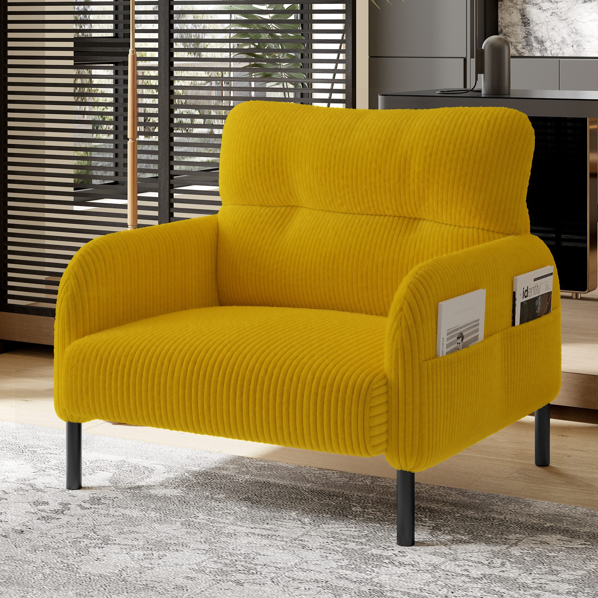 Celya Sessel Relaxsessel Polsterstuhl Loungesessel, Cordstoff (1-St, 67x75x79 cm, Armlehnen mit Seitentaschen auf beiden Seiten), geeignet für Wohnzimmer, Schlafzimmer und Arbeitszimmer