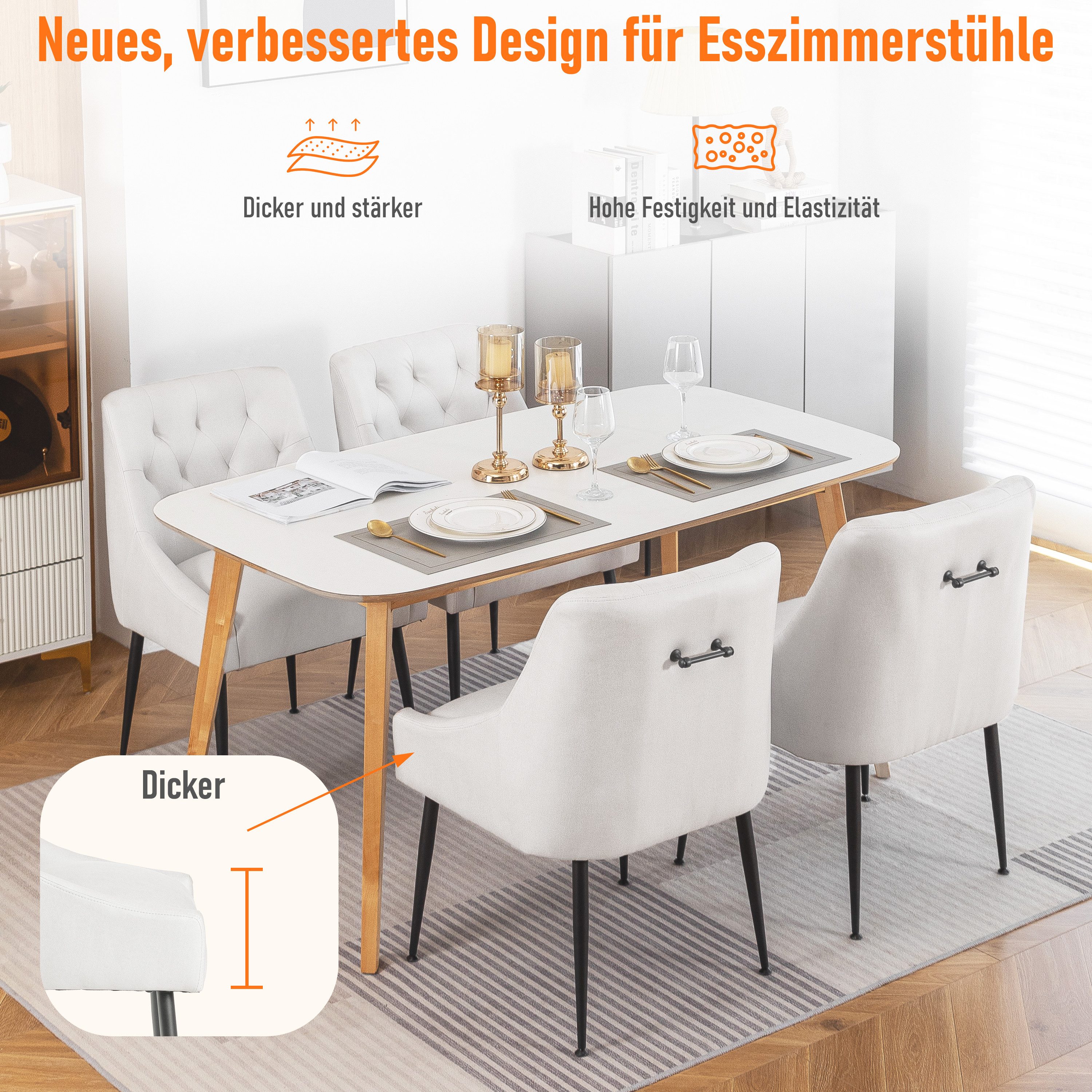 AISALL Polsterstuhl Esszimmerstuhl mit hinterer Zugstange, Metallbeine (2 St), Wohnzimmersessel, Küchenstuhl, Schlafzimmerstuhl